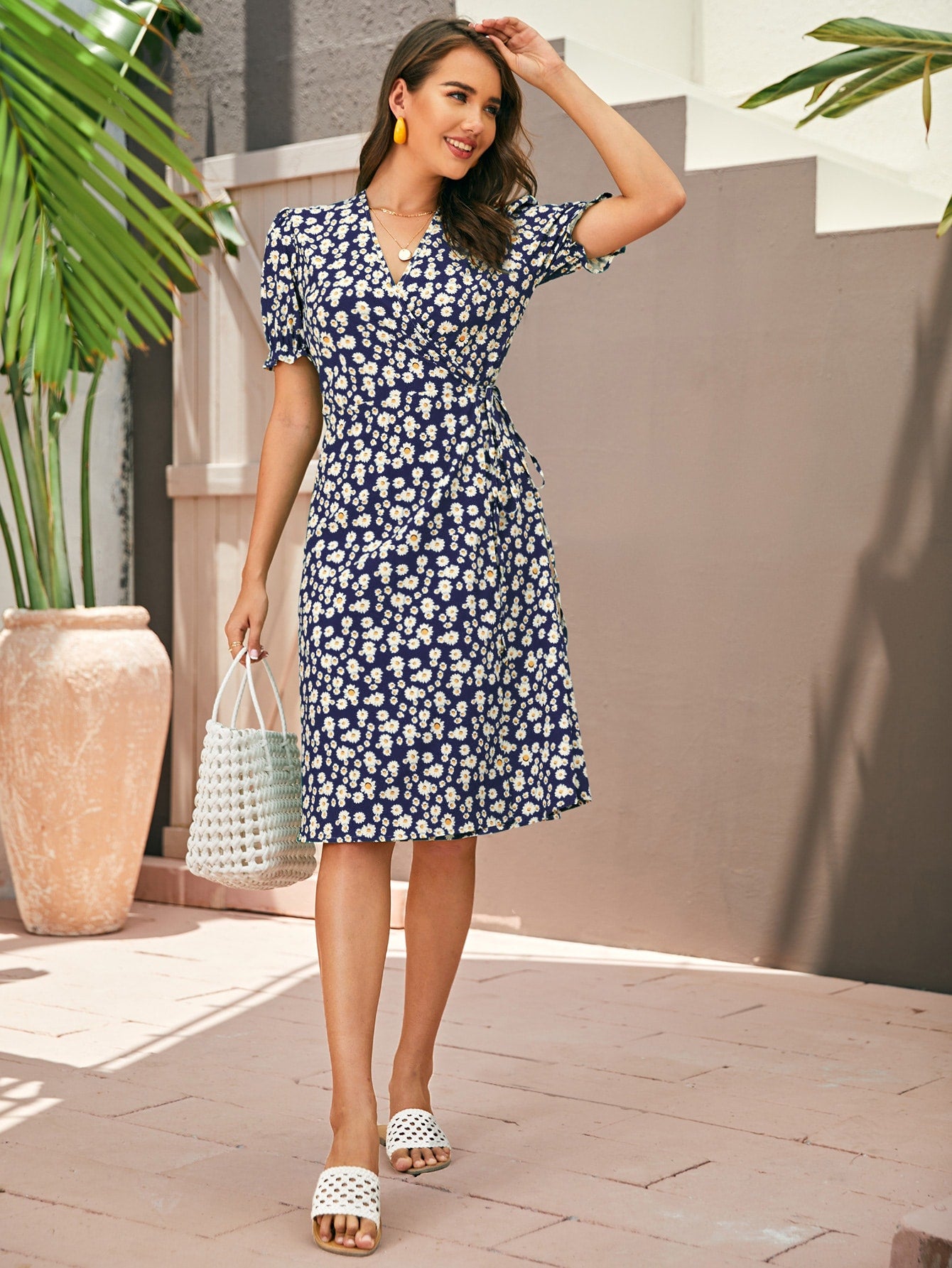Ditsy Floral Surplice Front Belted Wrap Dress