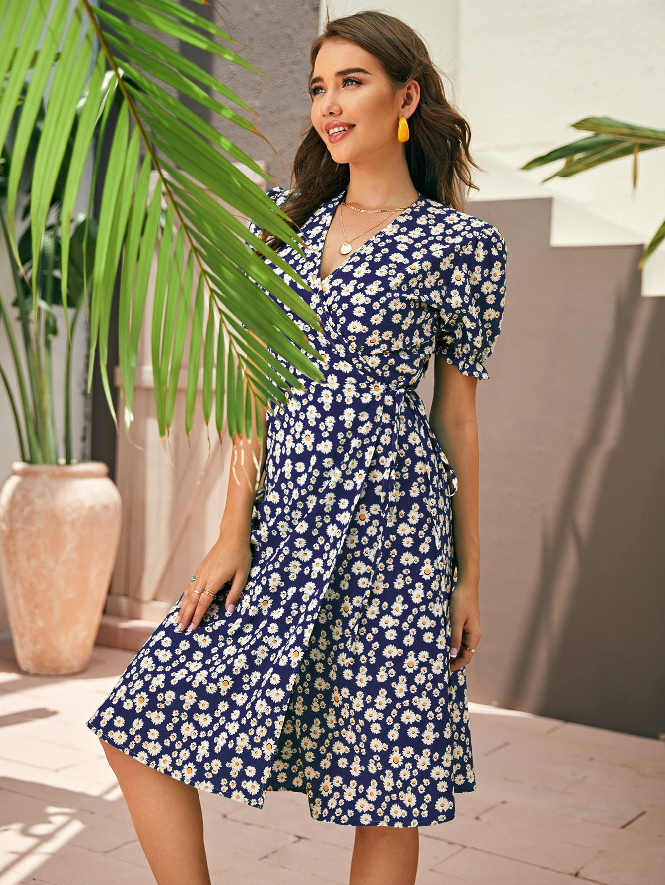 Ditsy Floral Surplice Front Belted Wrap Dress