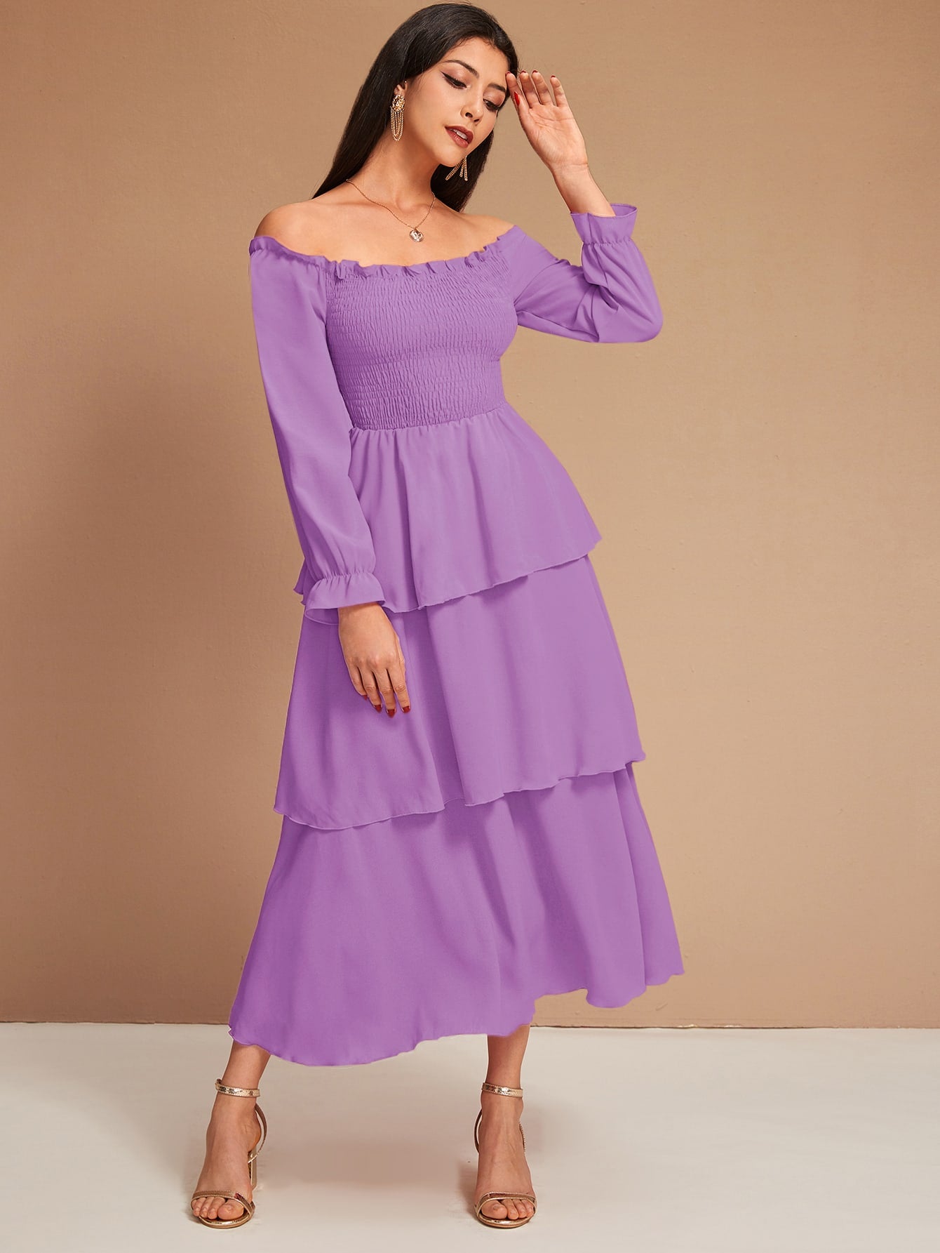 Off Shoulder Shirred Layered Ruffle Dress