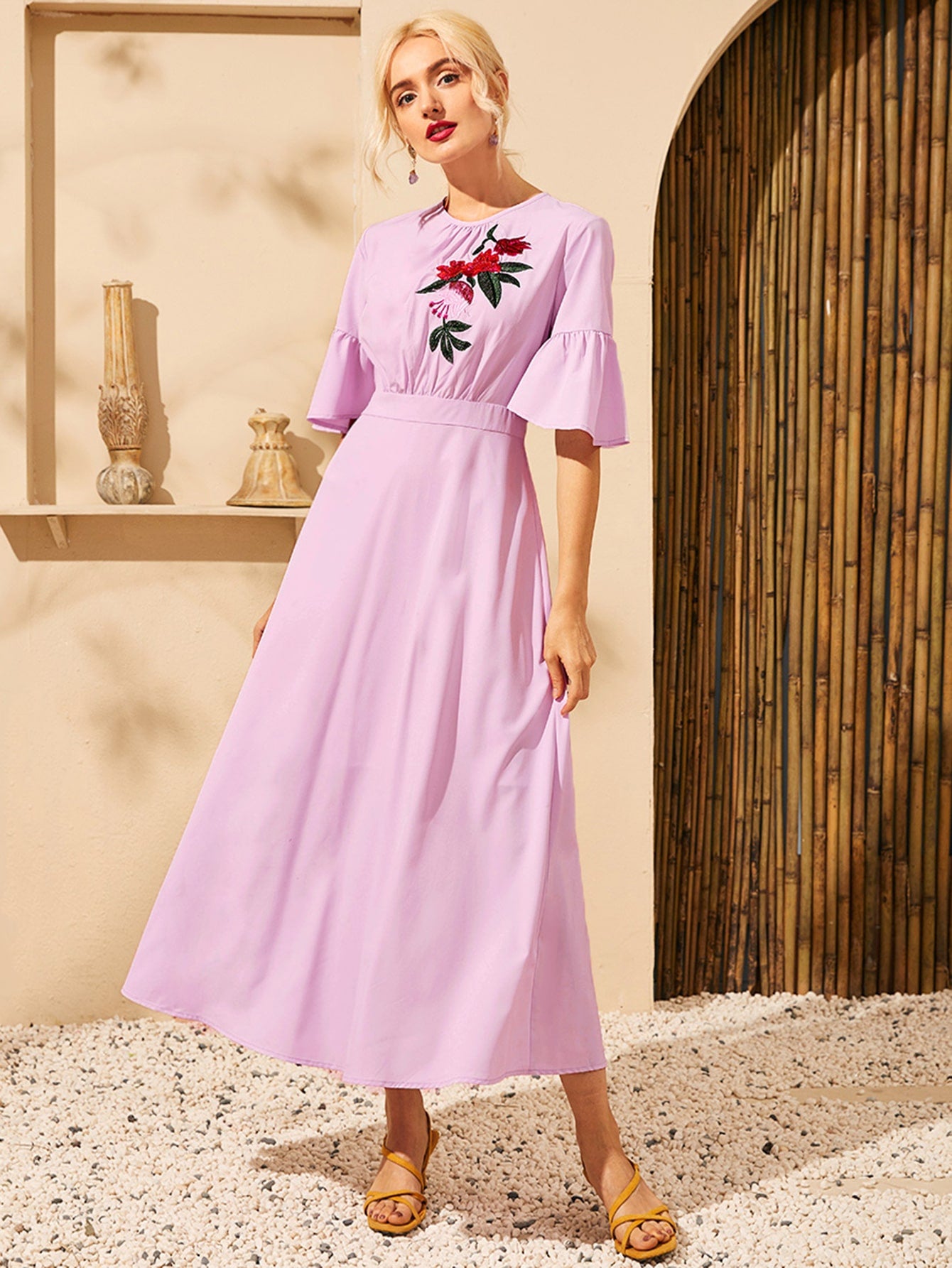 Floral Embroidery Flounce Sleeve Dress