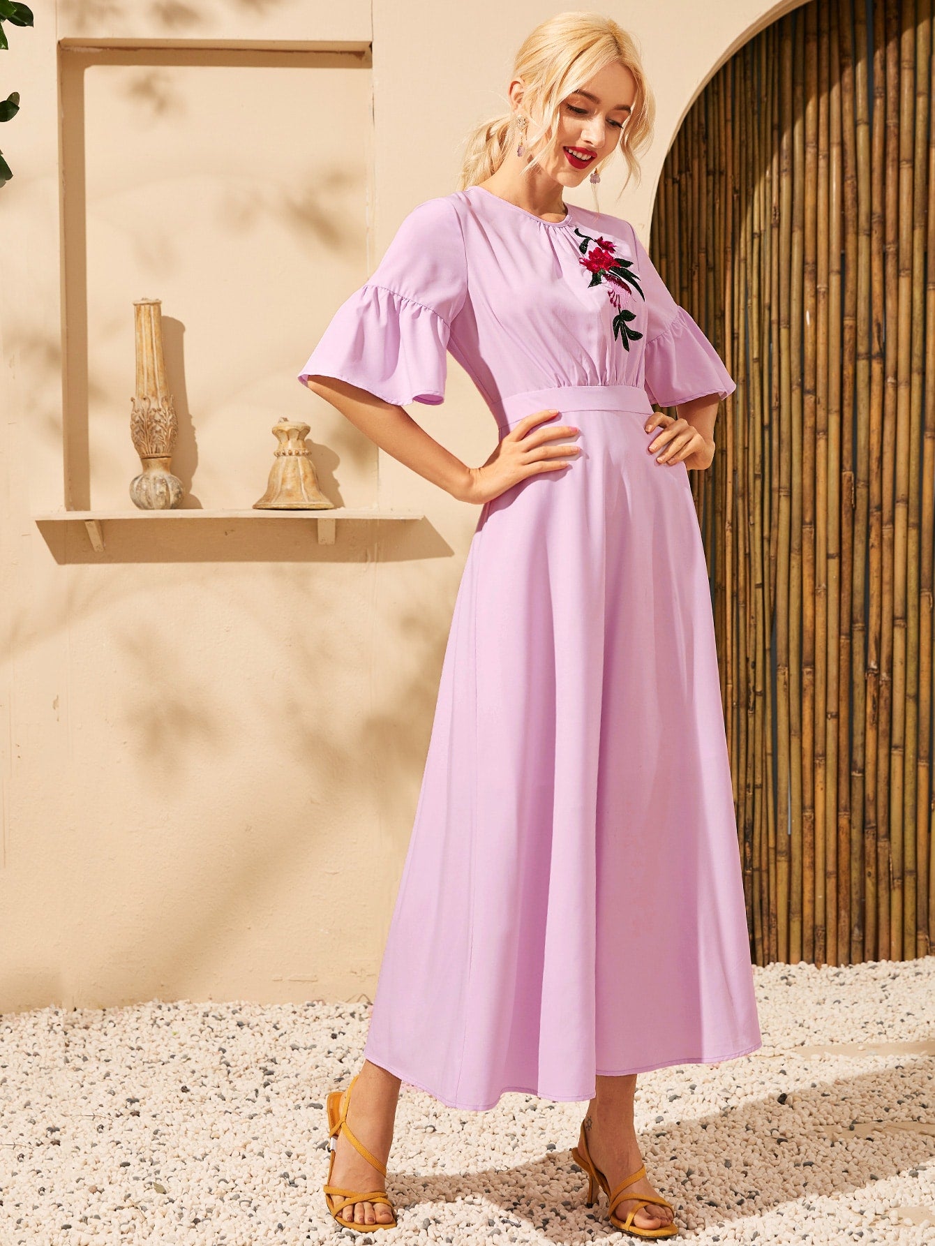 Floral Embroidery Flounce Sleeve Dress