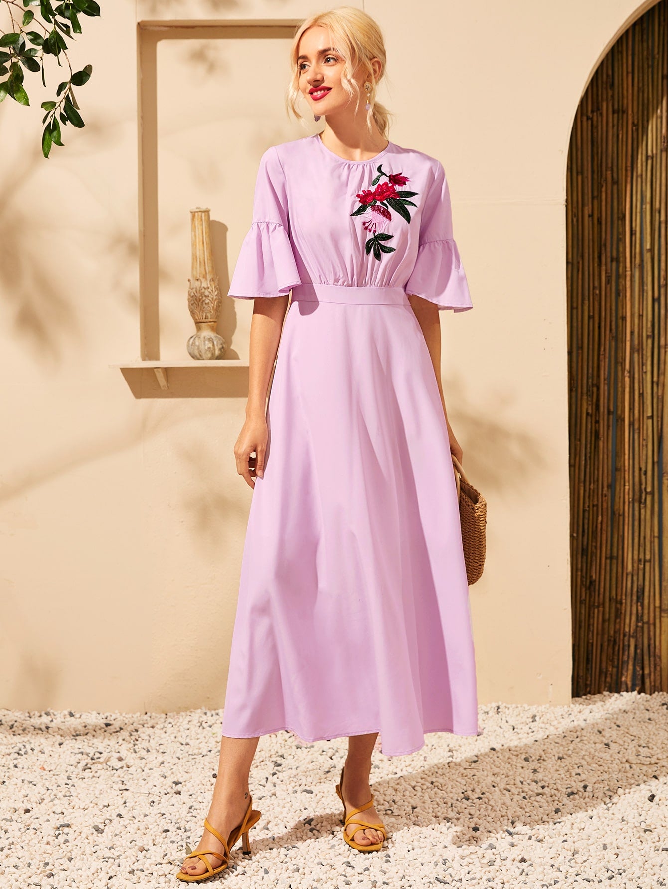 Floral Embroidery Flounce Sleeve Dress