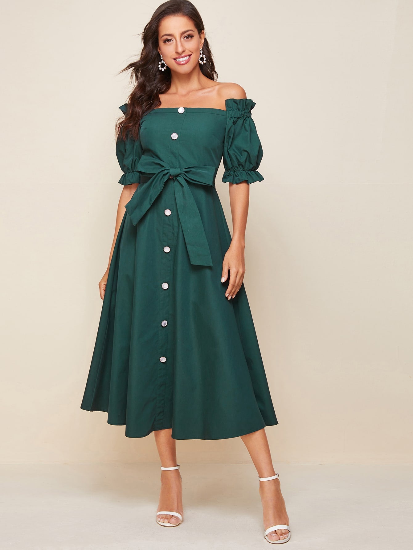 Off Shoulder Ruffle Trim Buttoned Front Belted Dress