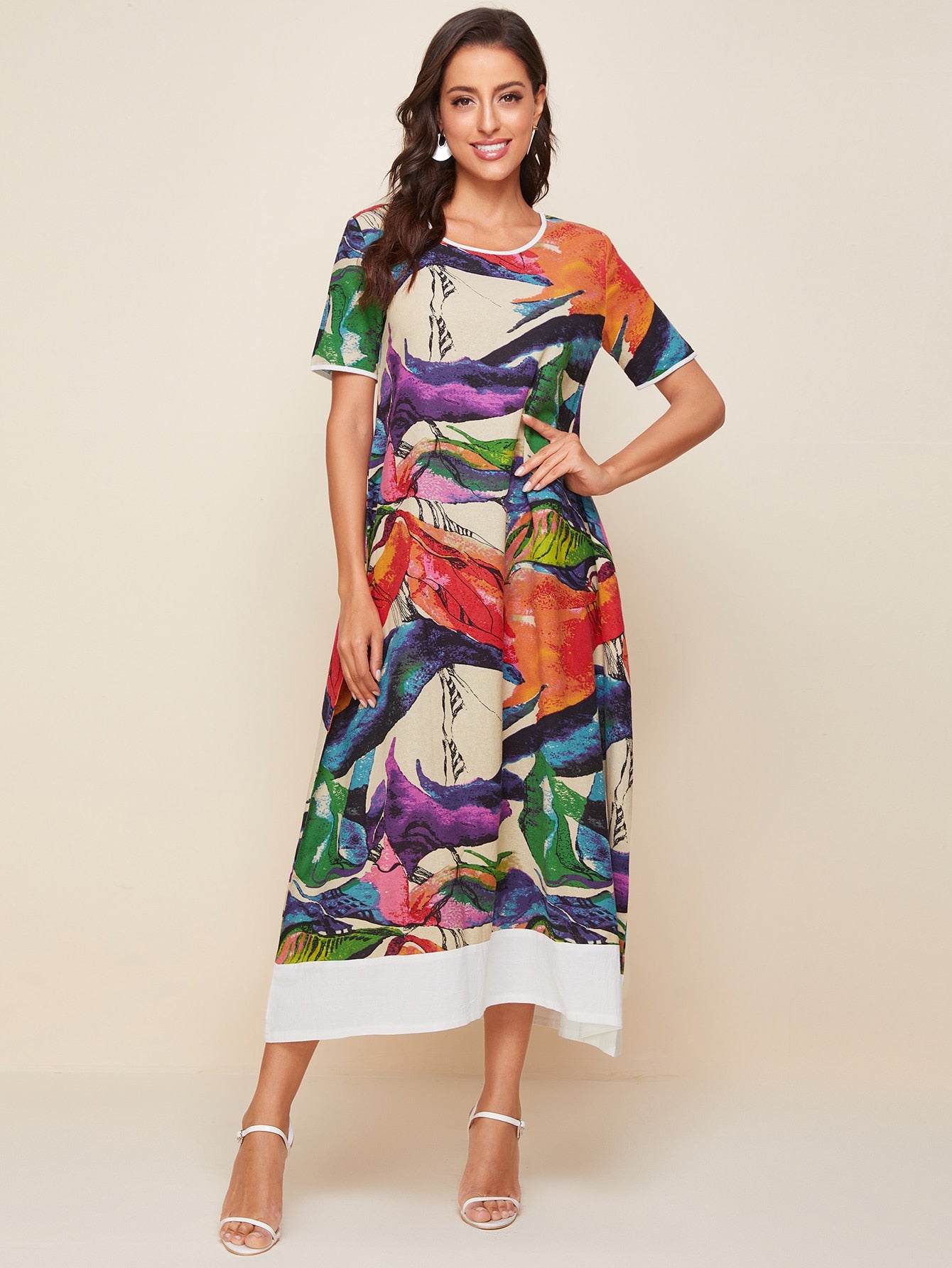 Contrast Binding Graphic Print Dress