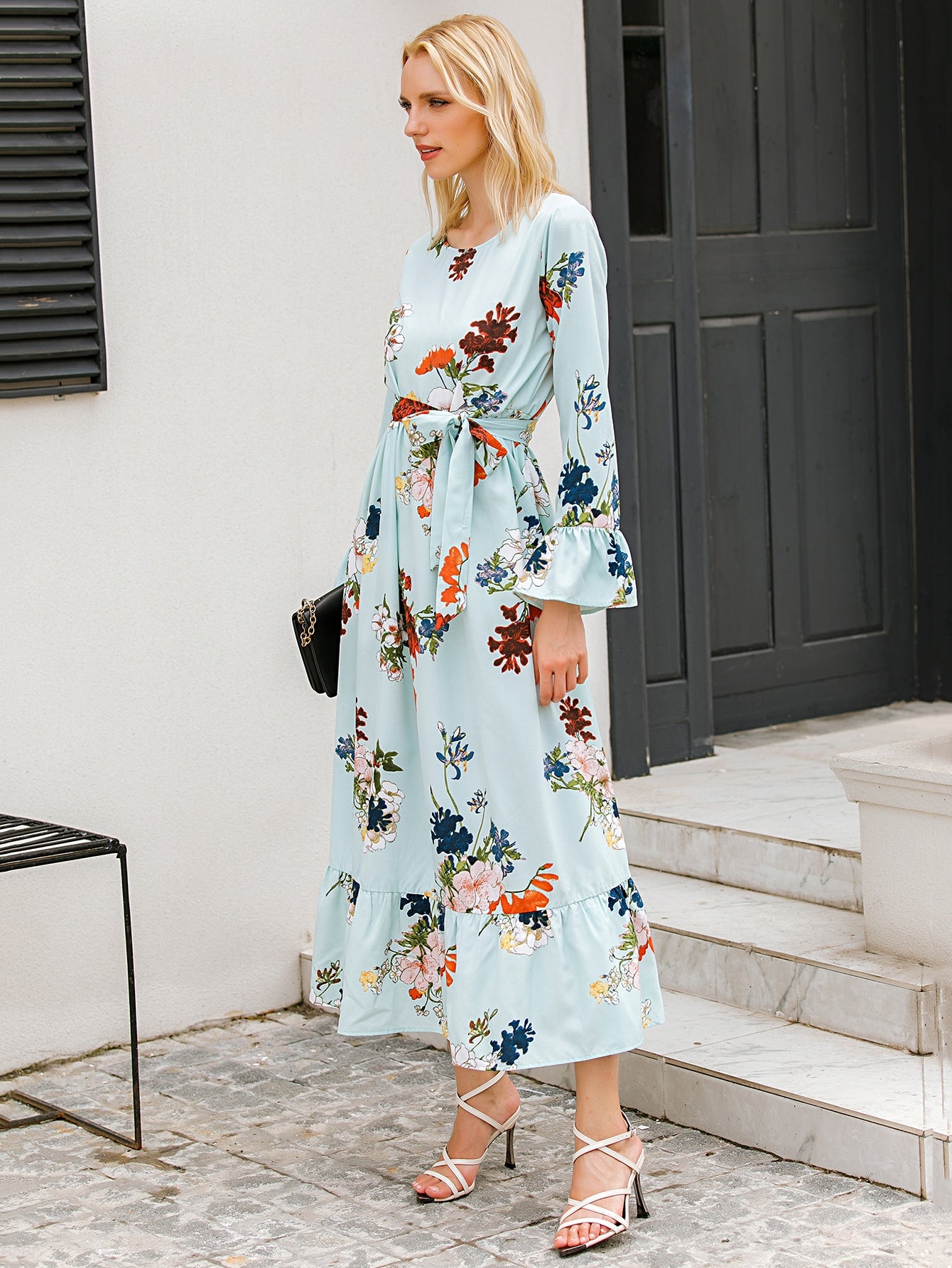 Floral Belted Flounce Hem Dress