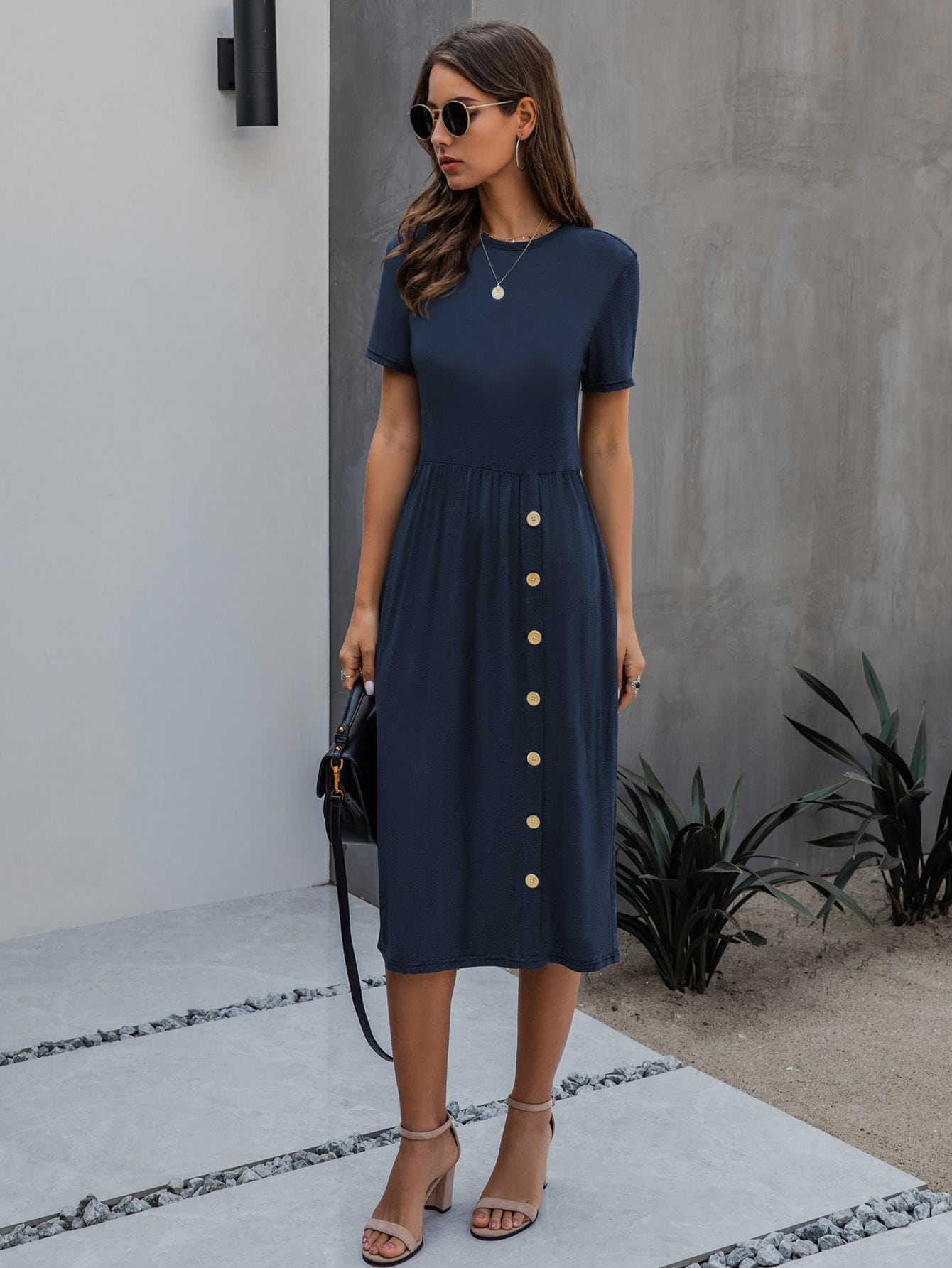 Slant Pocket Button Front Fitted Dress