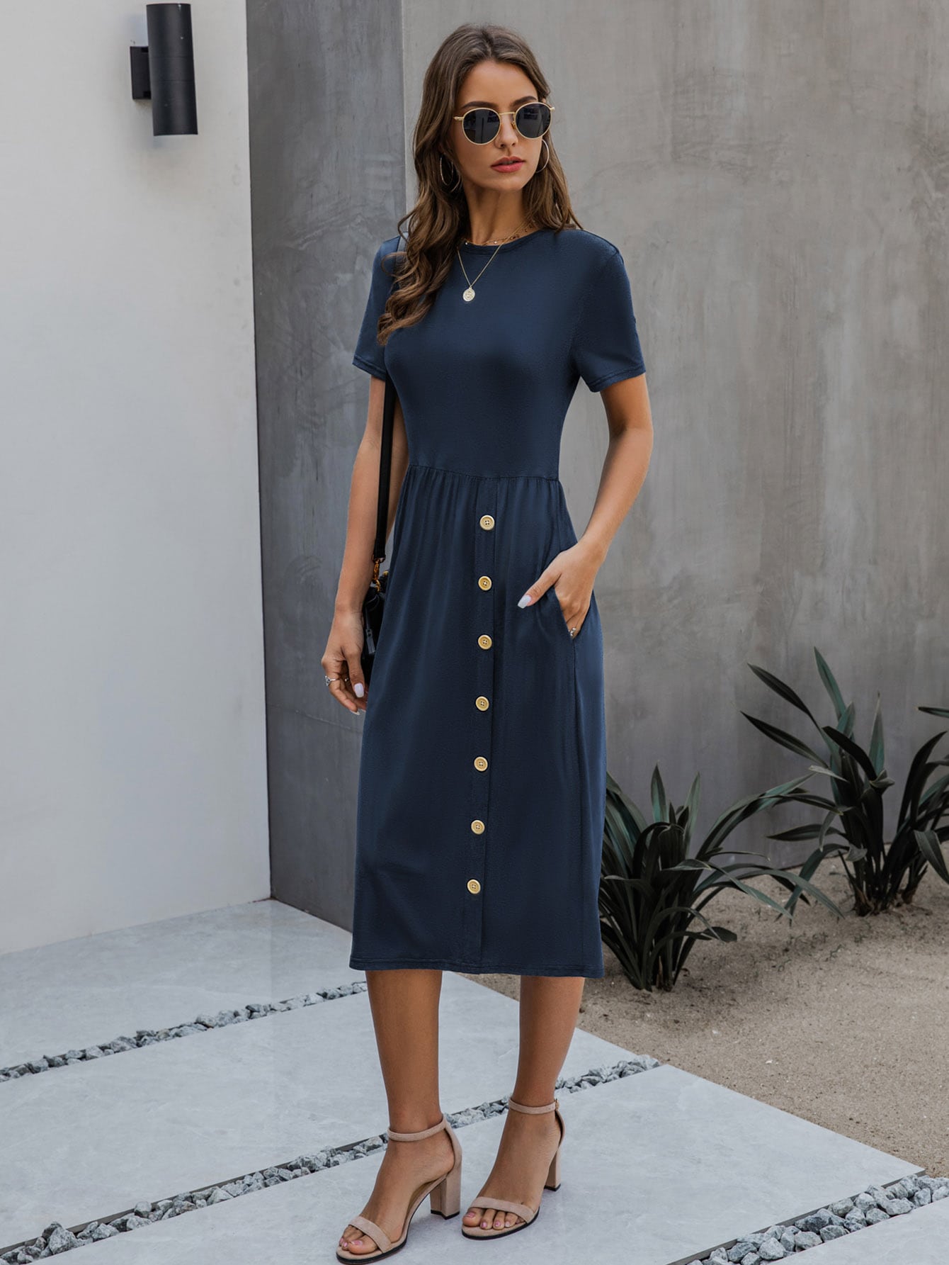 Slant Pocket Button Front Fitted Dress
