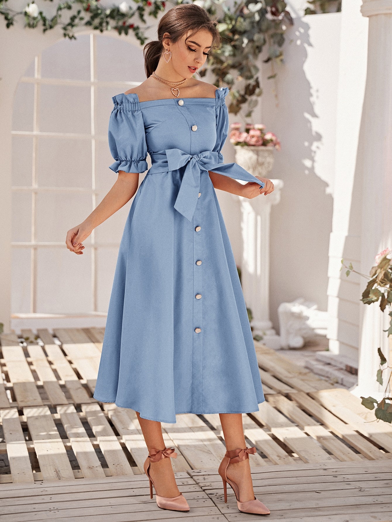 Off Shoulder Ruffle Trim Buttoned Front Belted Dress