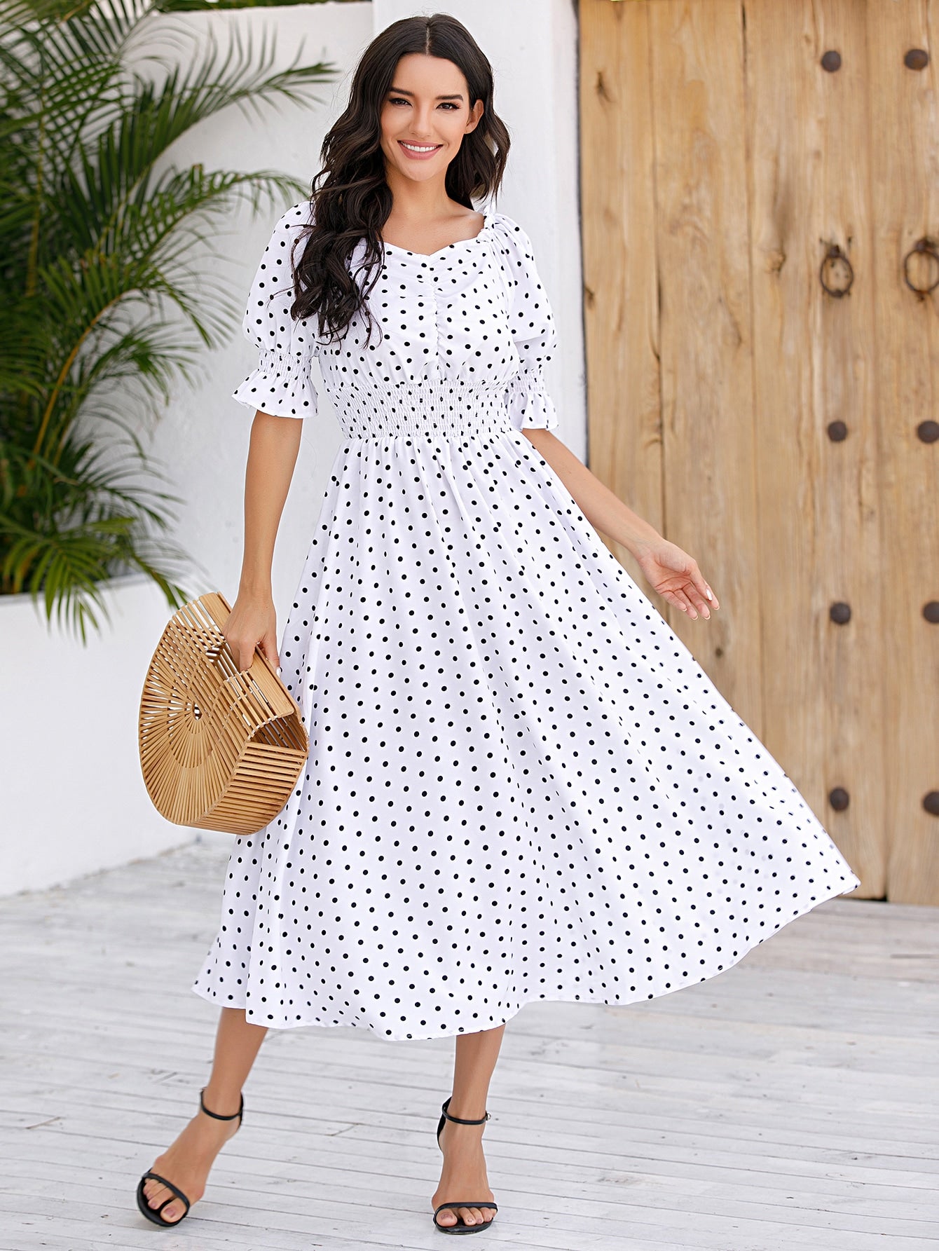 Polka Dot Sweetheart Ruched Shirred Flare Dress