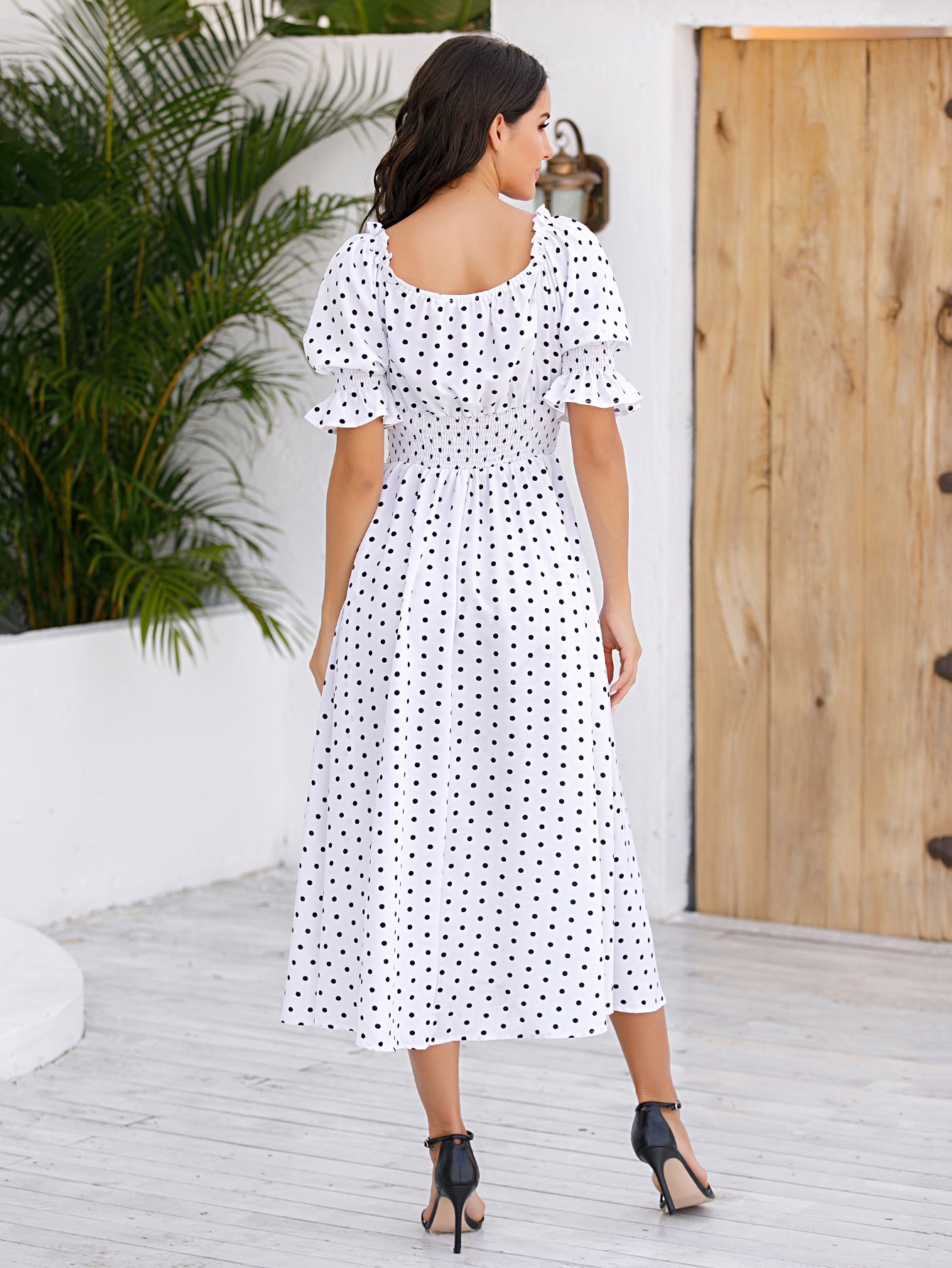 Polka Dot Sweetheart Ruched Shirred Flare Dress