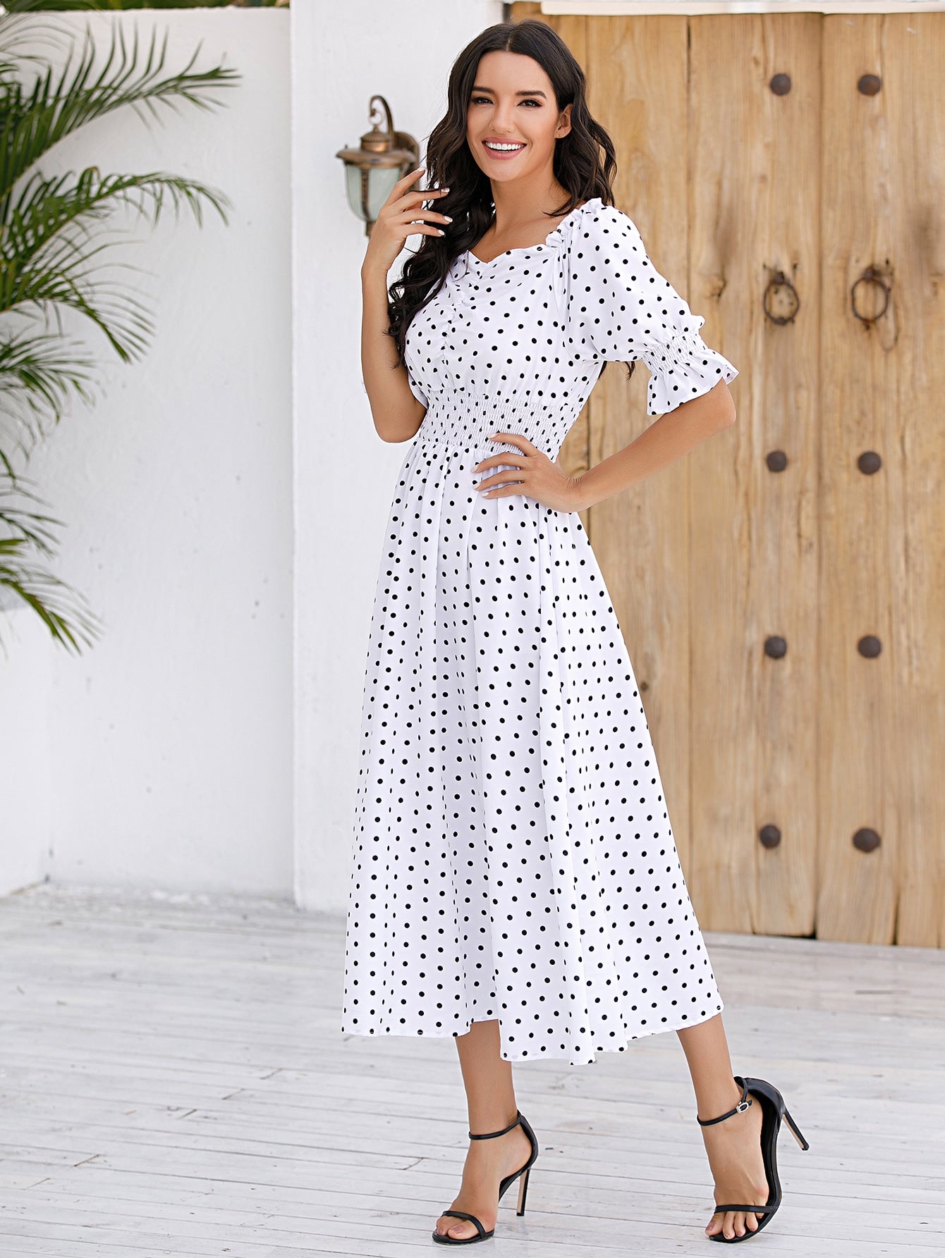 Polka Dot Sweetheart Ruched Shirred Flare Dress