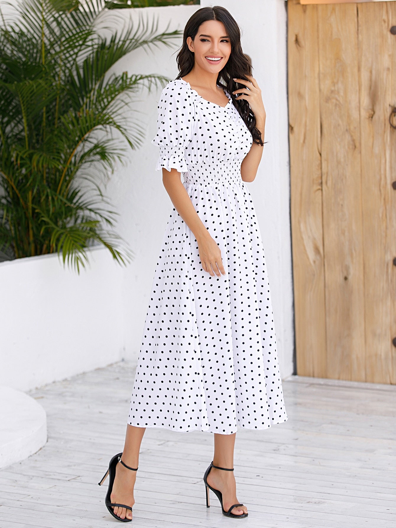 Polka Dot Sweetheart Ruched Shirred Flare Dress