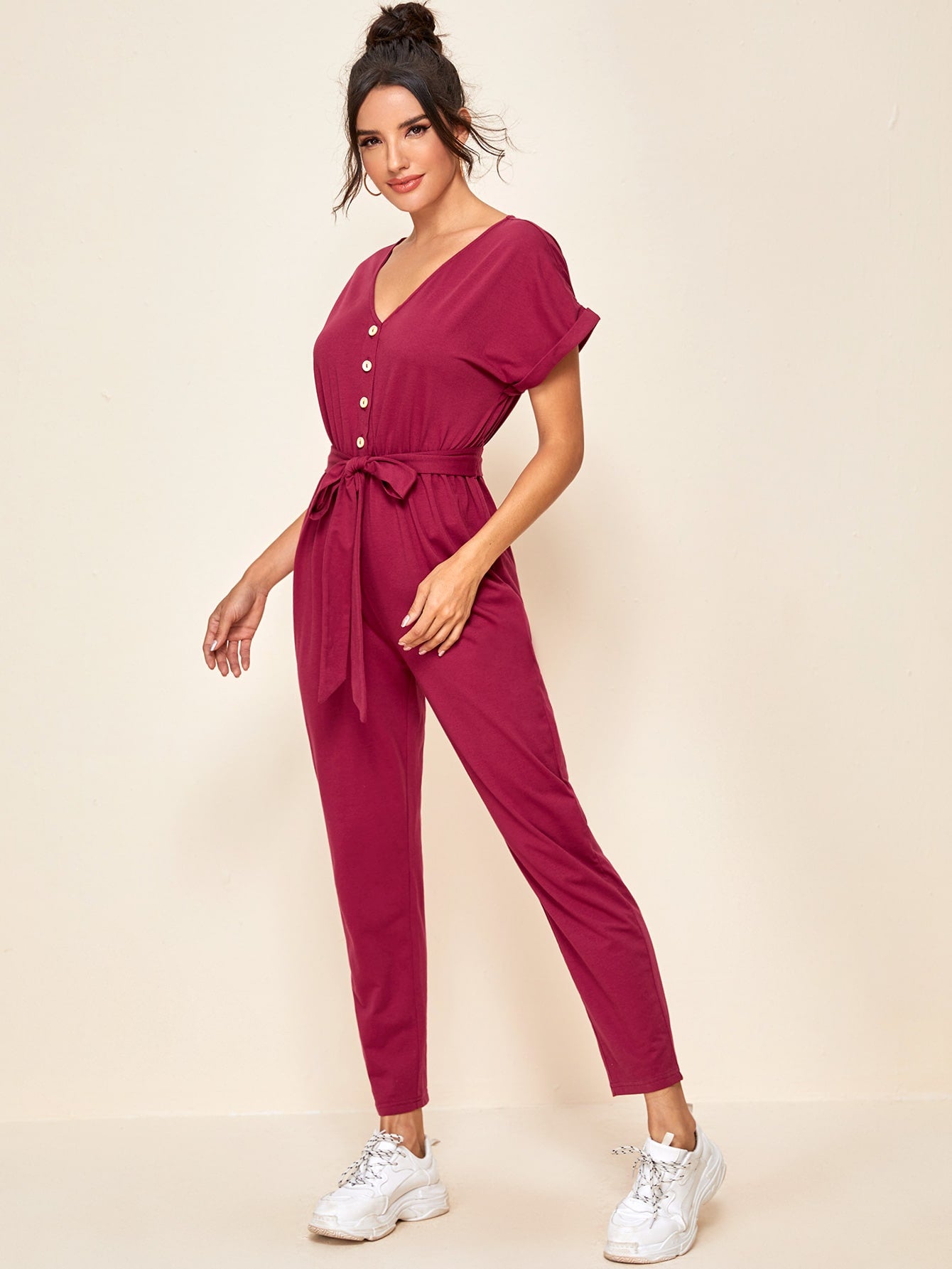 Button Front Self Belt Cuffed Jumpsuit