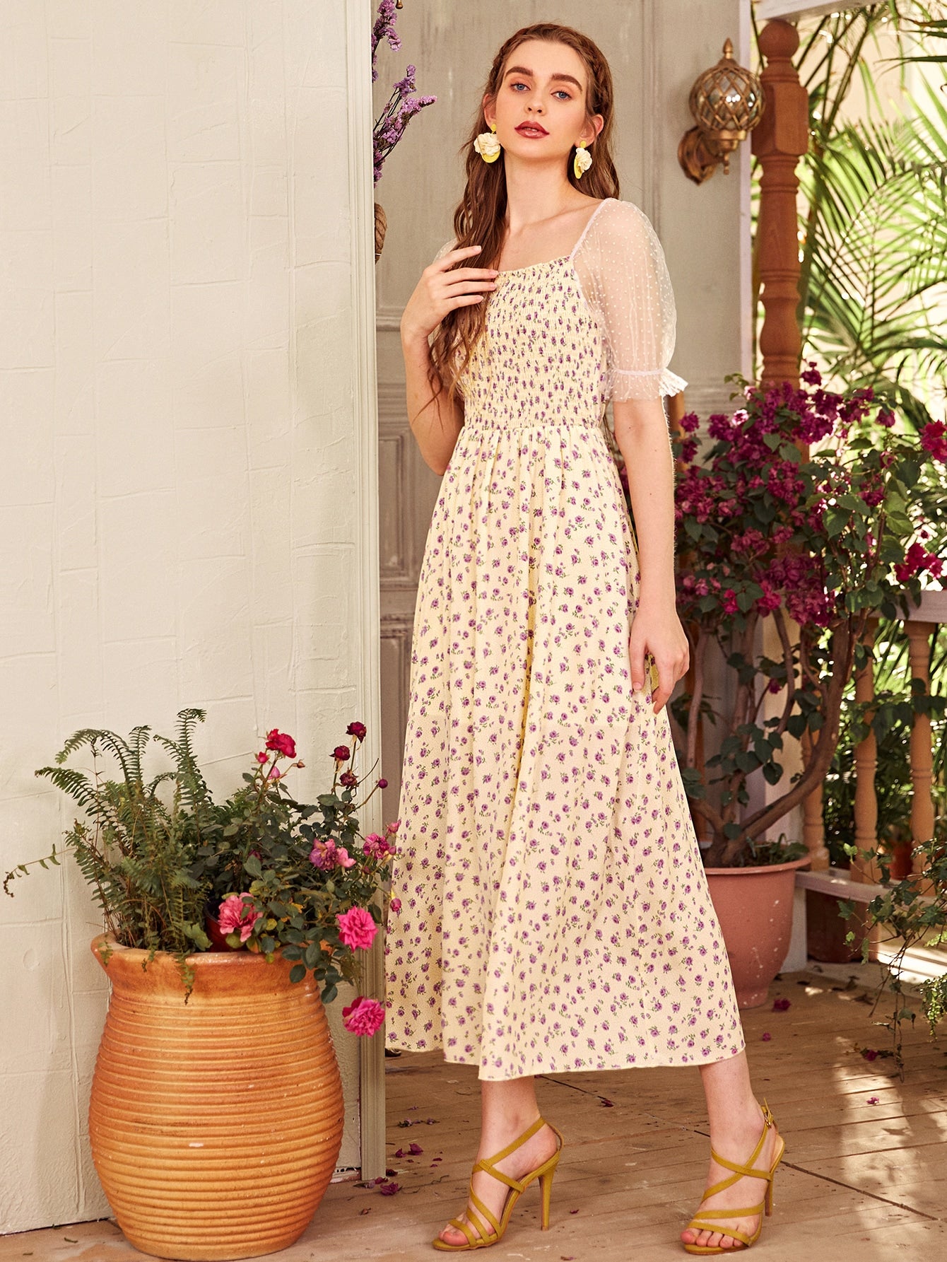 Ditsy Floral Print Shirred Detail Dobby Mesh Dress