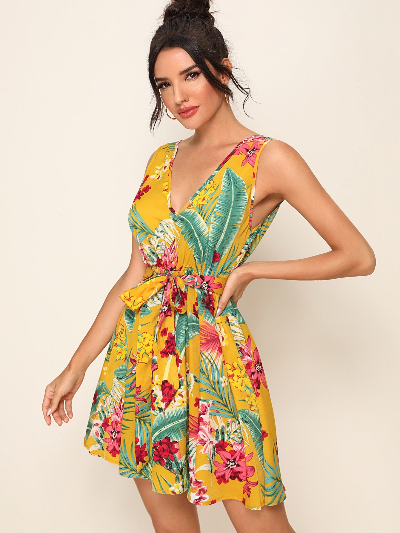 Tropical Print Low Back Self Belted Dress