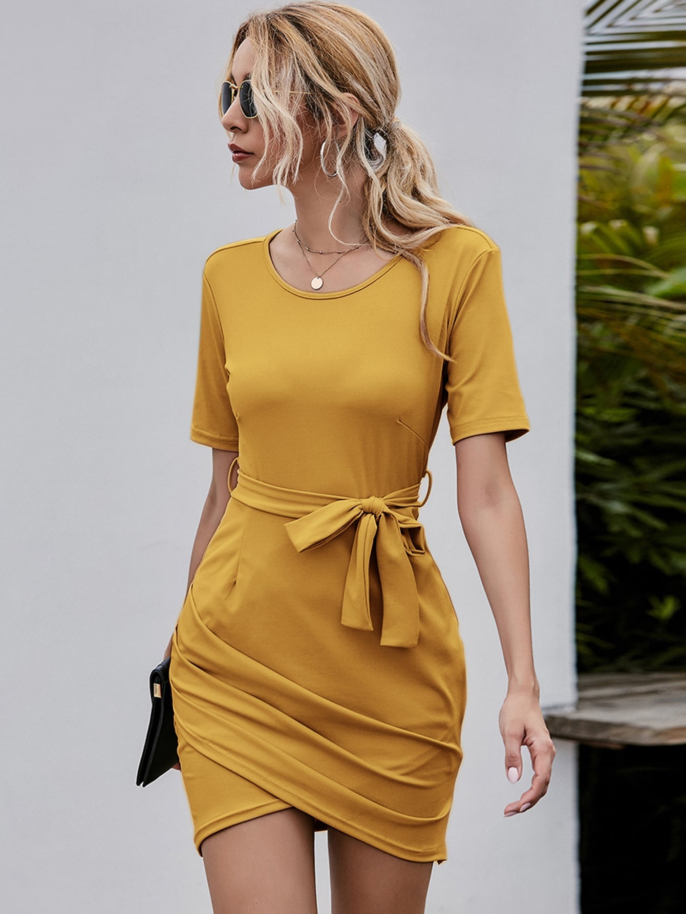 Draped Asymmetrical Hem Belted Fitted Dress