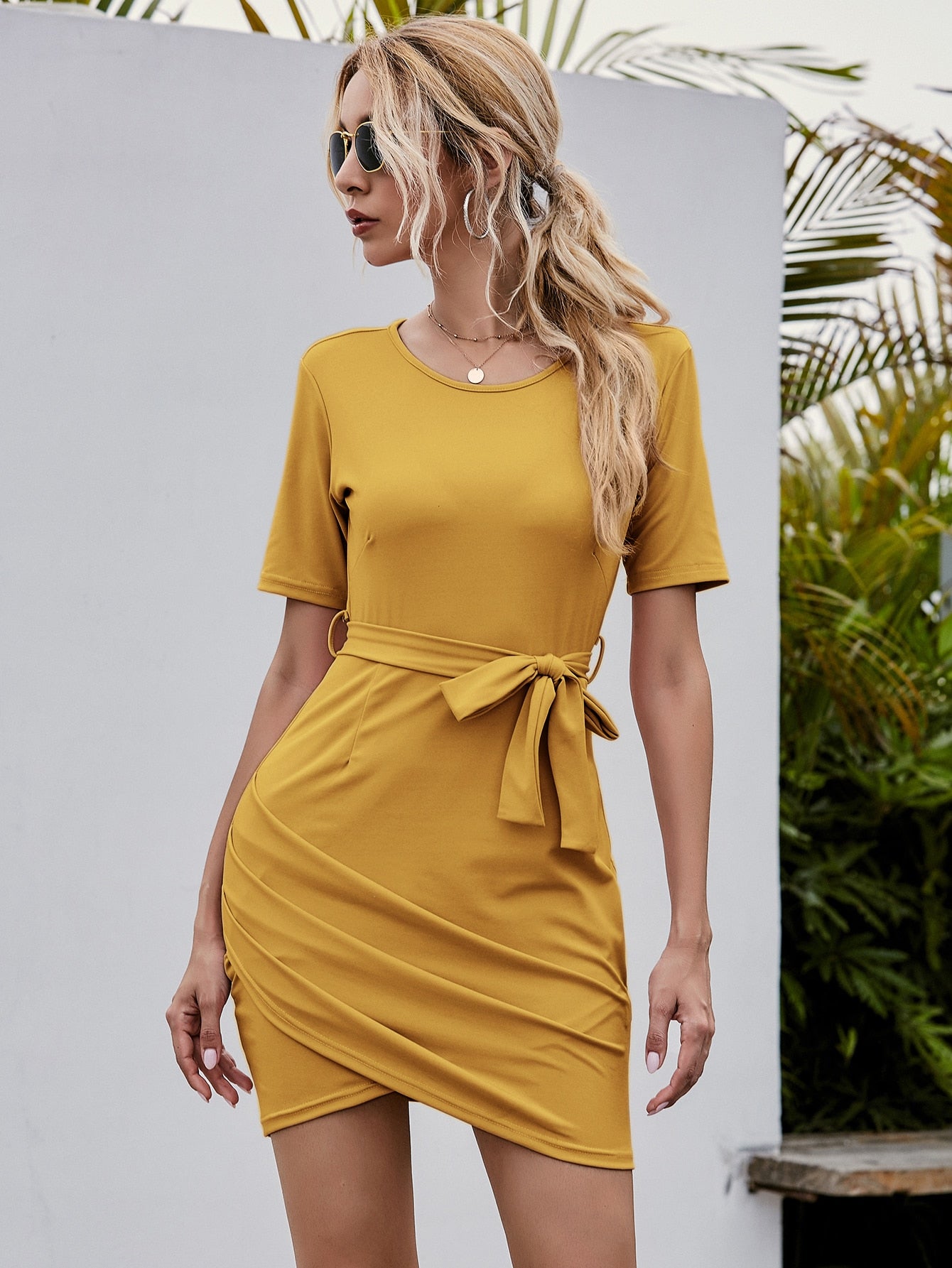 Draped Asymmetrical Hem Belted Fitted Dress