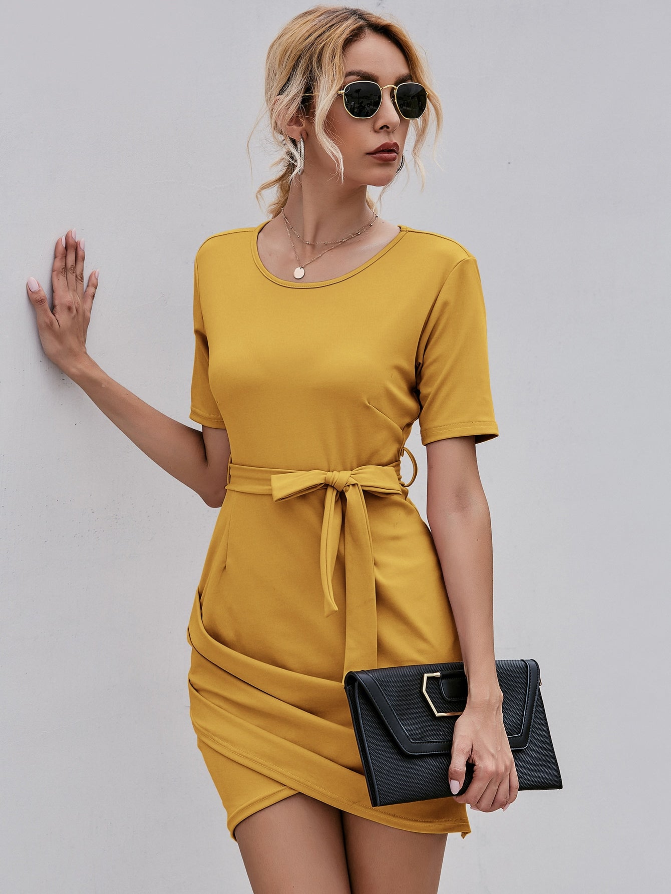 Draped Asymmetrical Hem Belted Fitted Dress