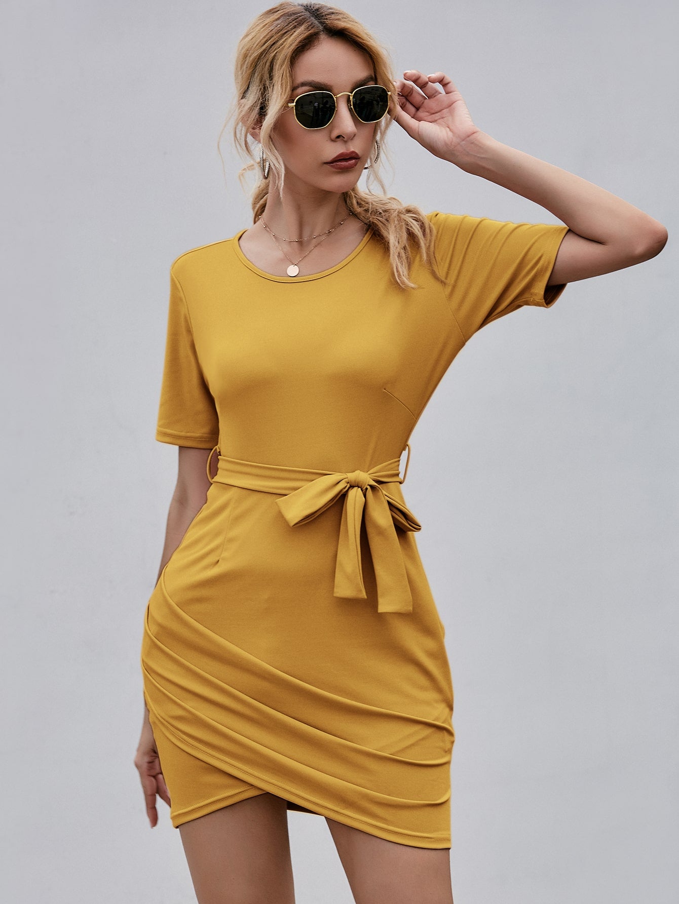 Draped Asymmetrical Hem Belted Fitted Dress