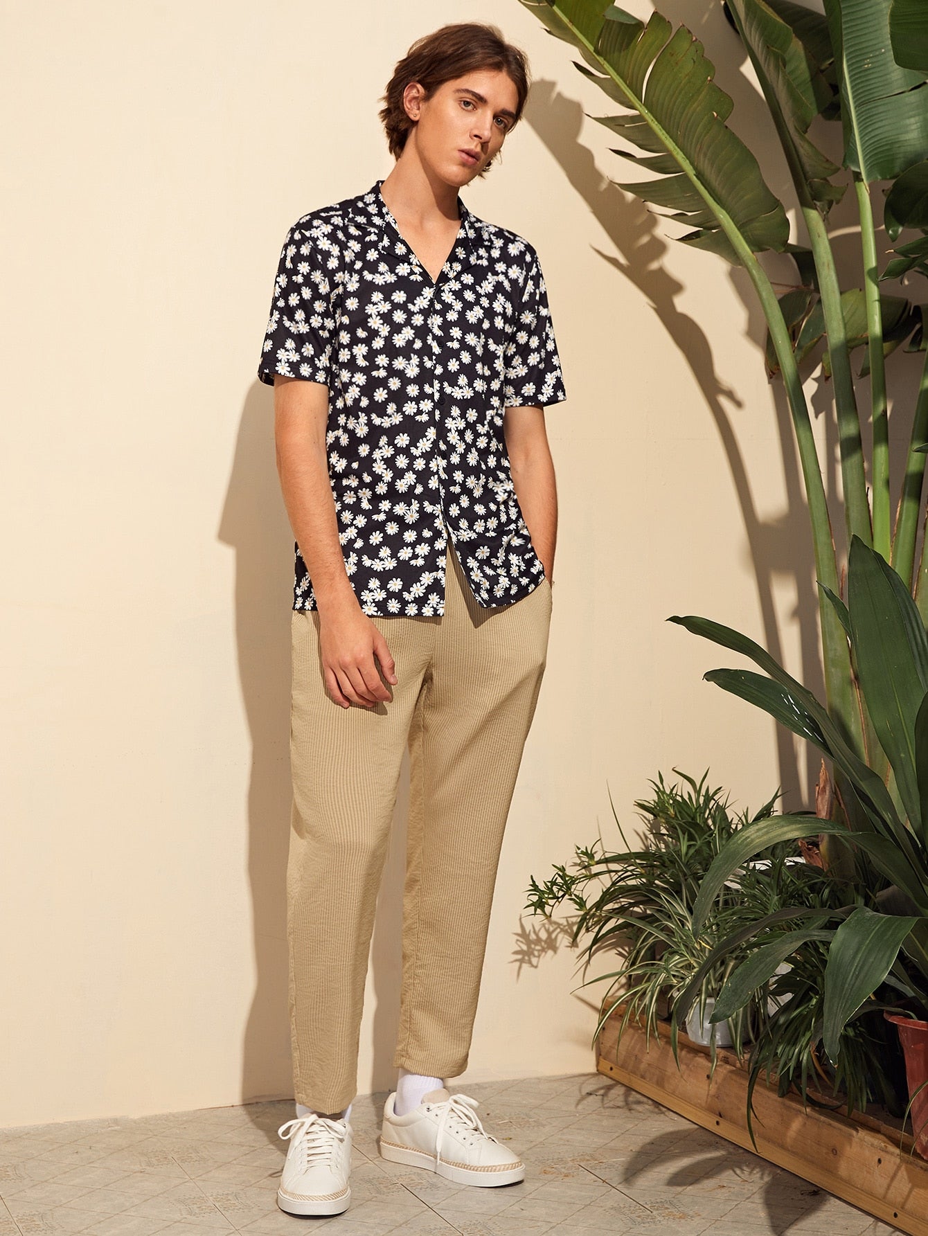 Men Revere Collar Daisy Floral Shirt