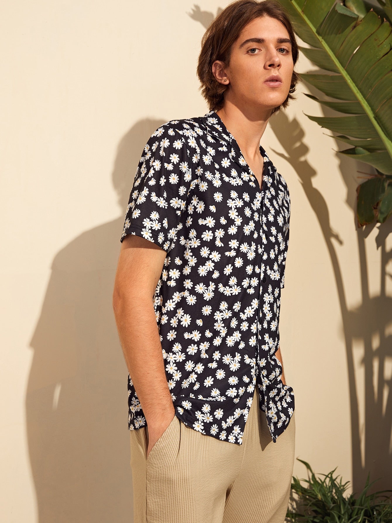 Men Revere Collar Daisy Floral Shirt