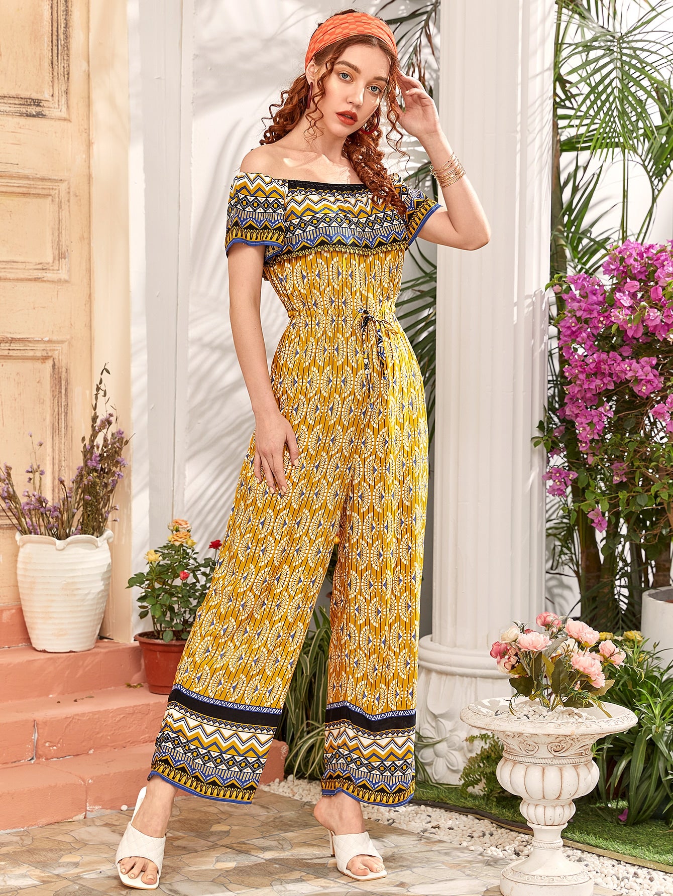 Aztec Print Drawstring Waist Jumpsuit