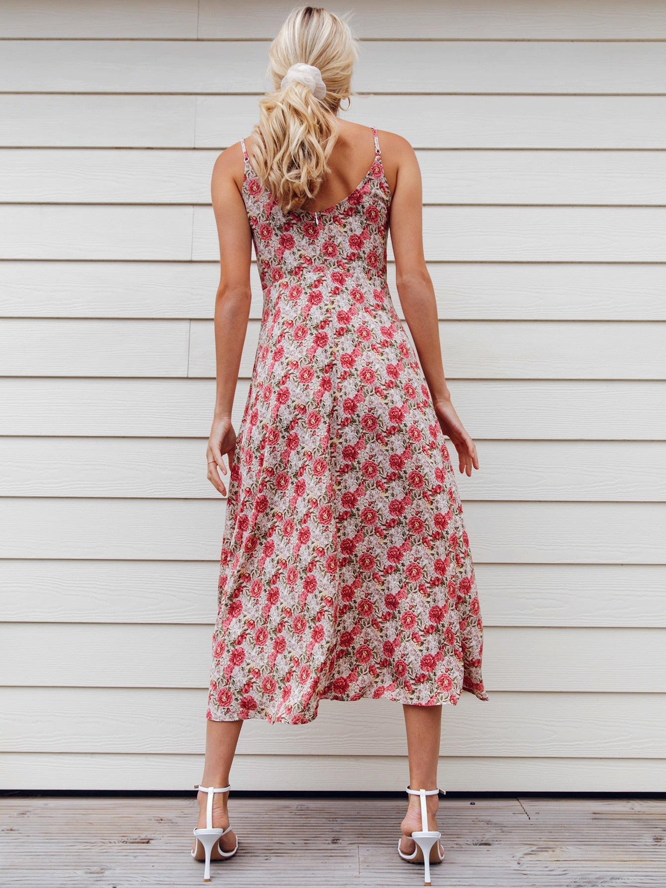 Tie Front Split Thigh Allover Floral Print Cami Dress