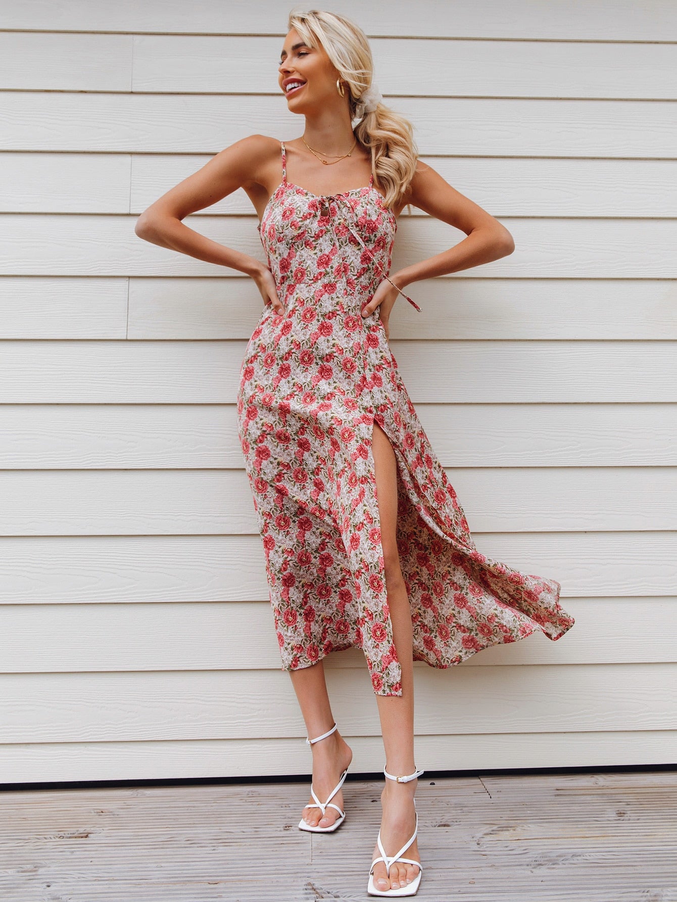 Tie Front Split Thigh Allover Floral Print Cami Dress