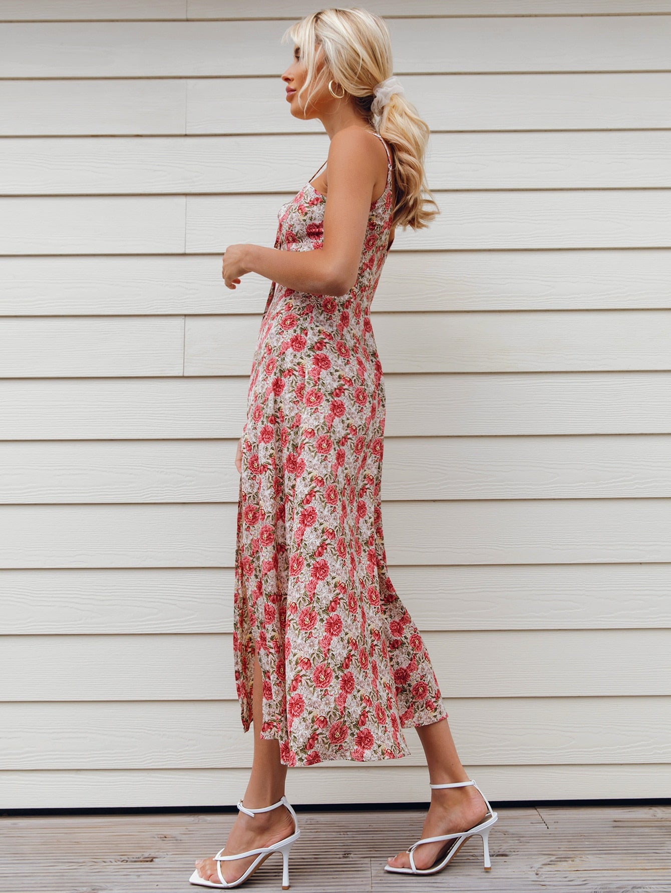 Tie Front Split Thigh Allover Floral Print Cami Dress