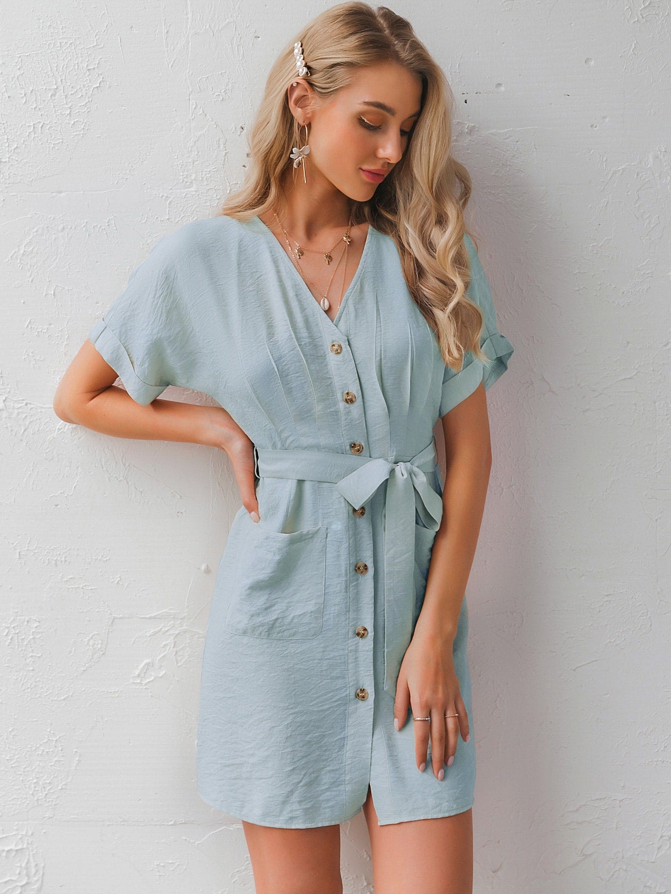Button Front Batwing Sleeve Belted Dress