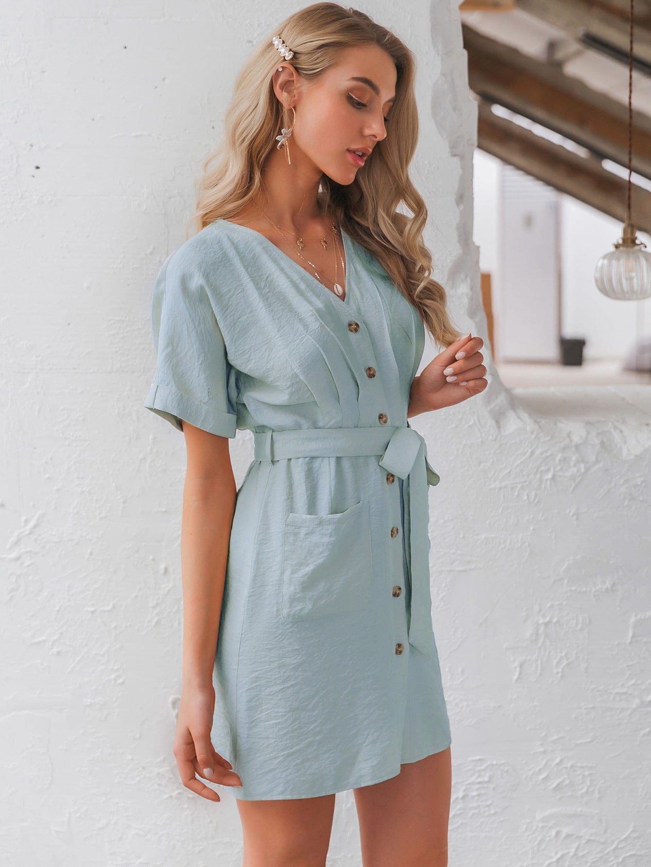 Button Front Batwing Sleeve Belted Dress