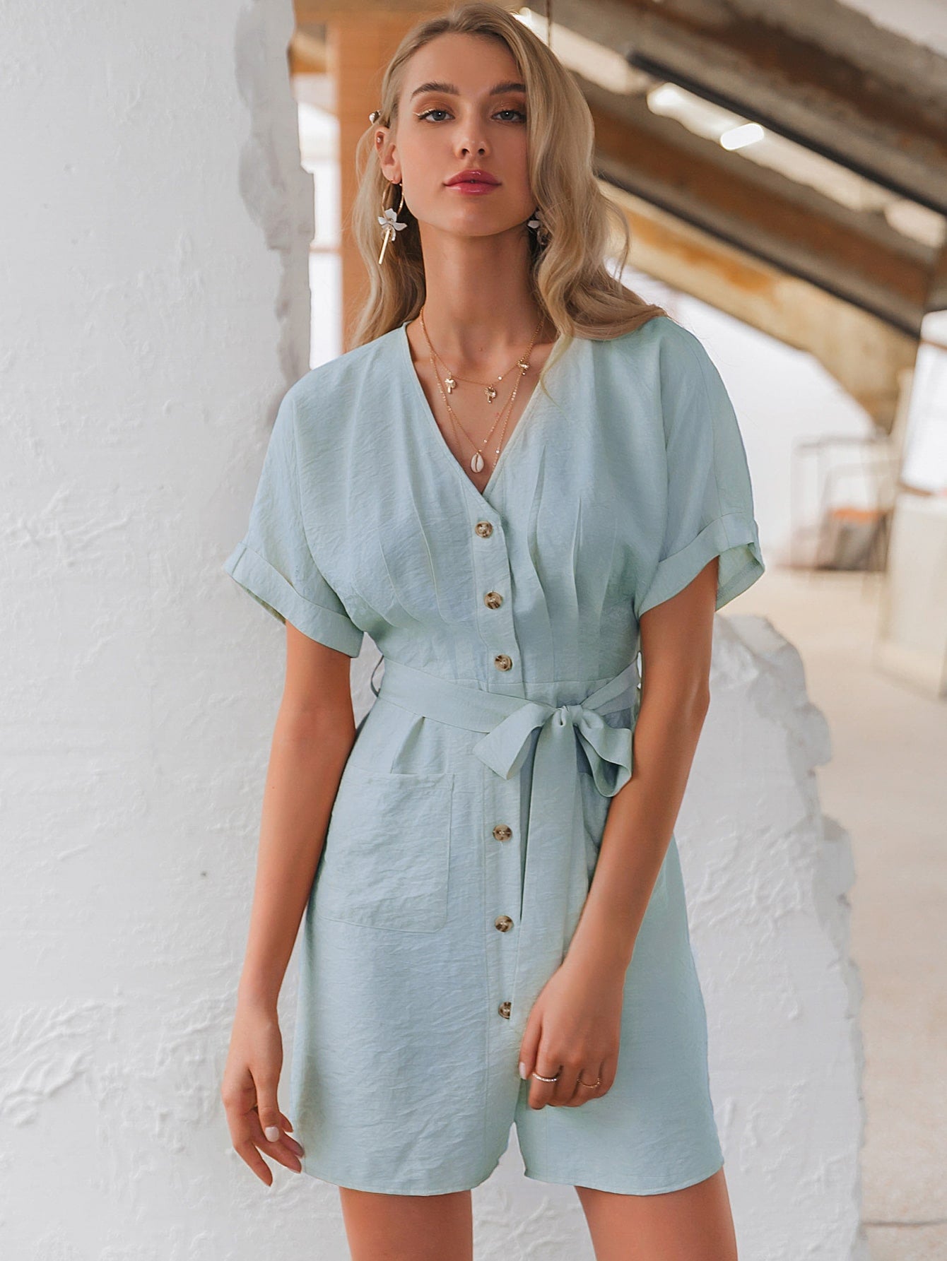 Button Front Batwing Sleeve Belted Dress