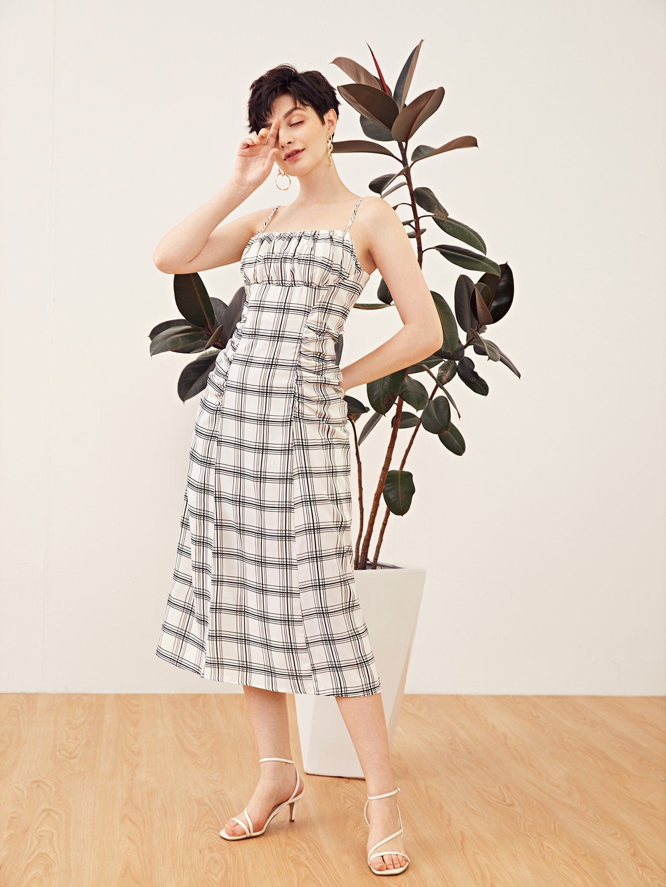 Ruched Bust Plaid Cami Dress