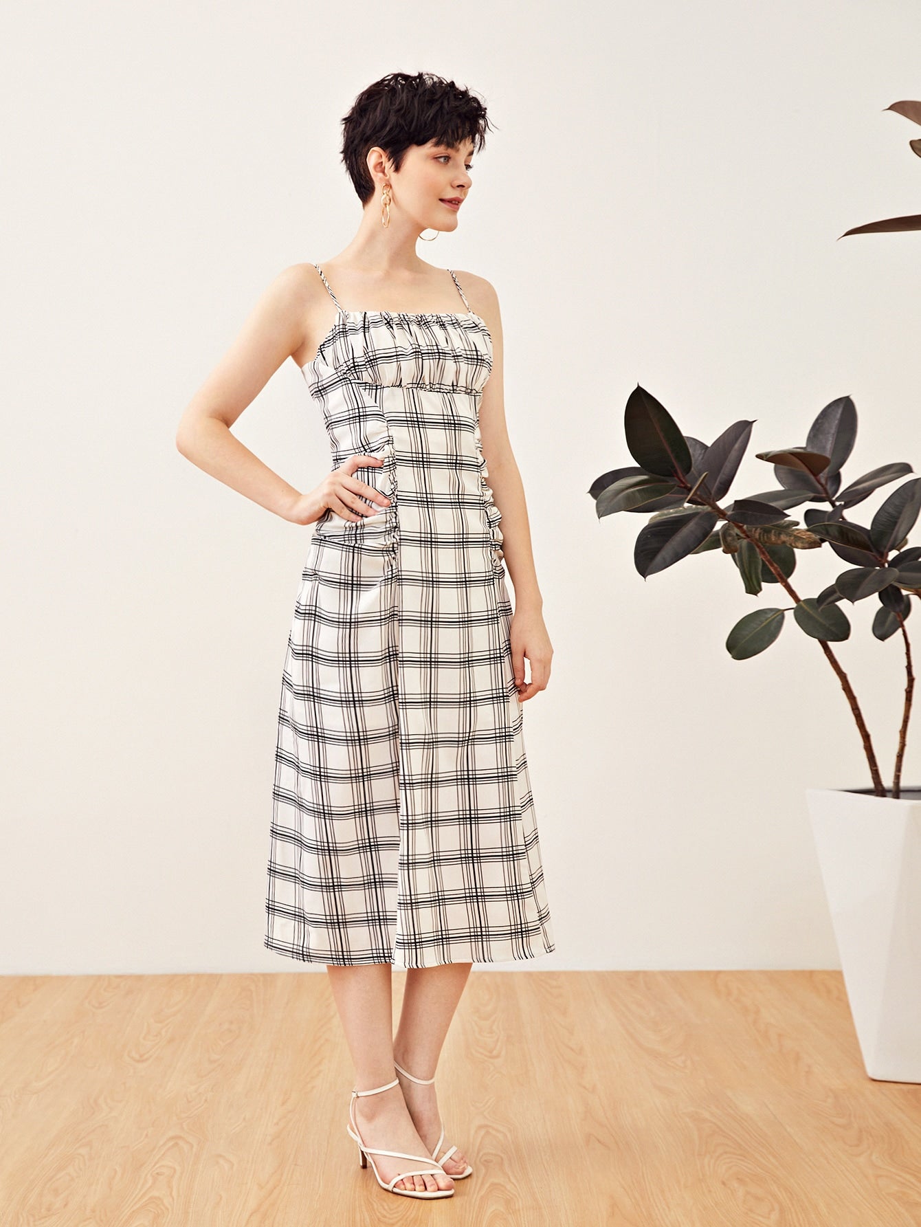 Ruched Bust Plaid Cami Dress