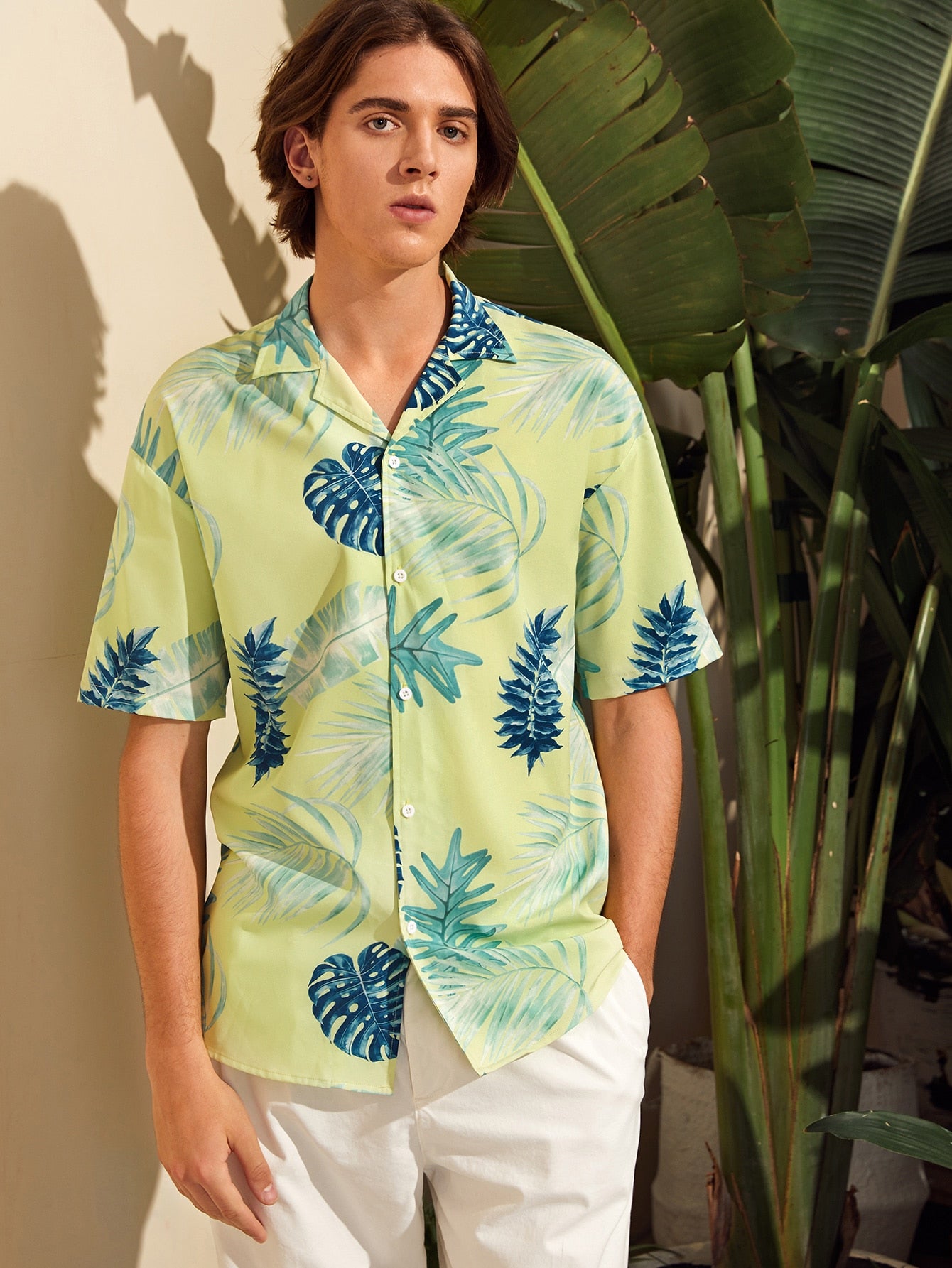 Men Tropical Print Revere Collar Shirt