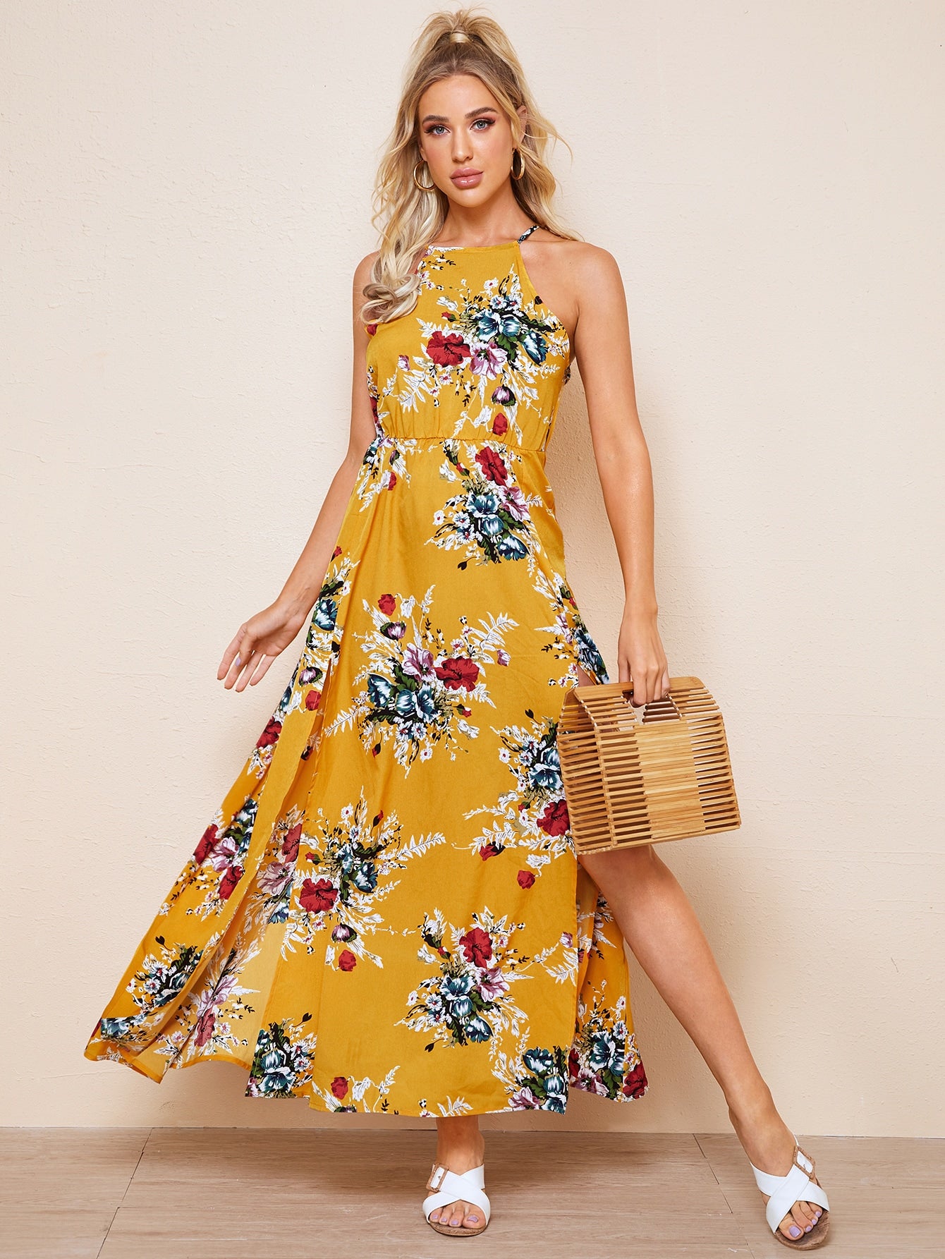 Tie Back Split Thigh Belted Floral Dress