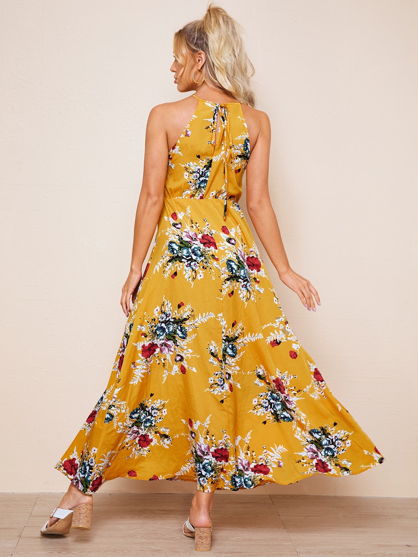 Tie Back Split Thigh Belted Floral Dress