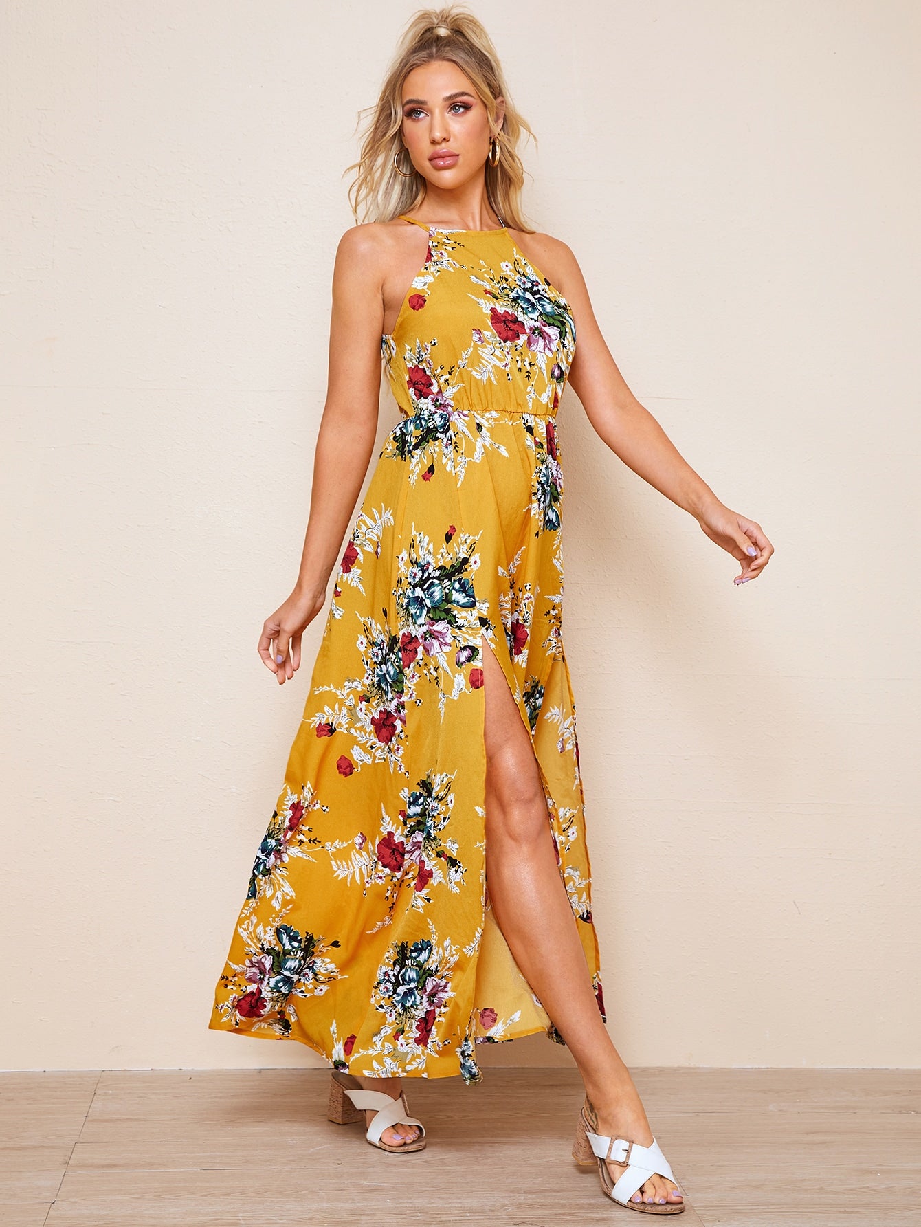 Tie Back Split Thigh Belted Floral Dress