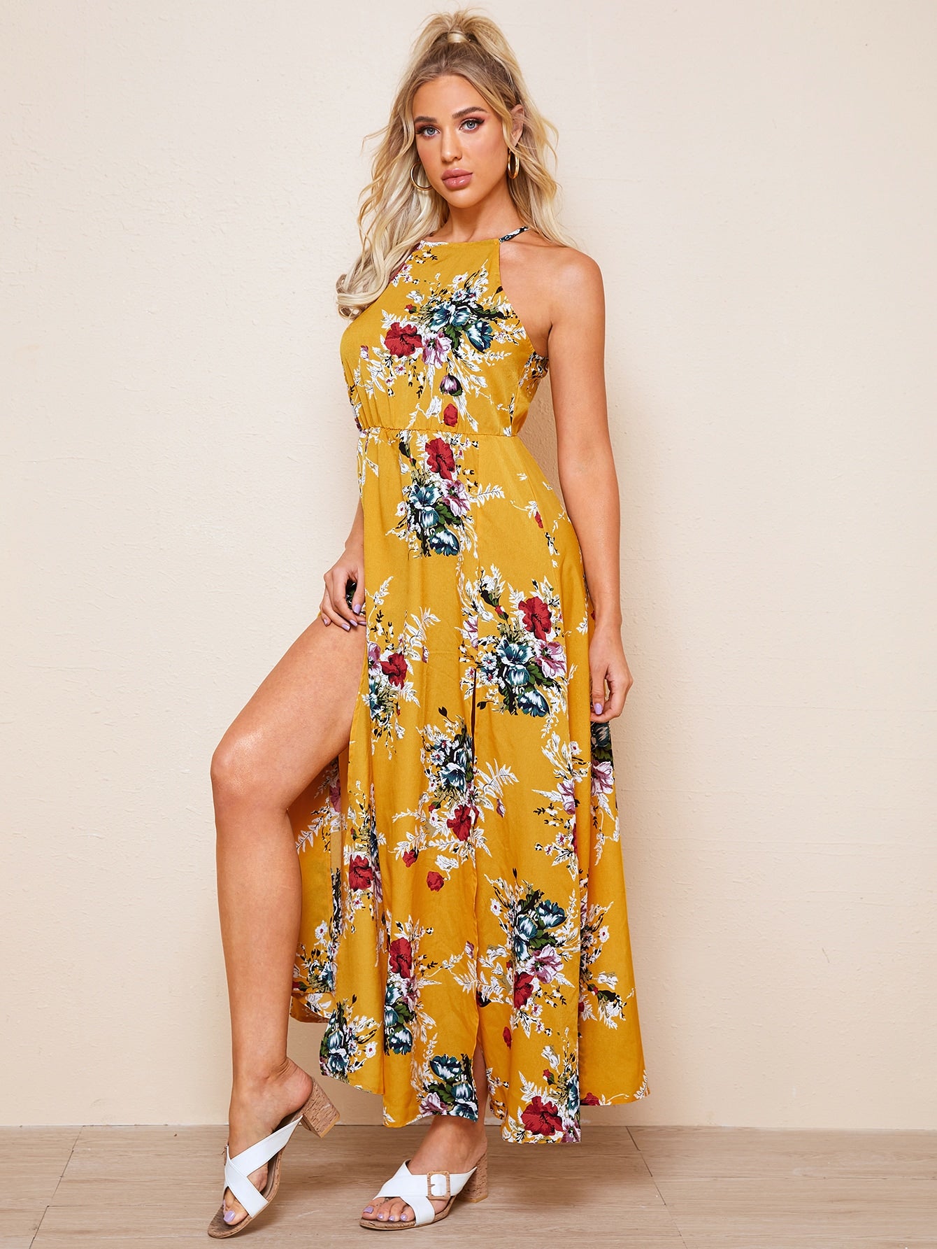 Tie Back Split Thigh Belted Floral Dress