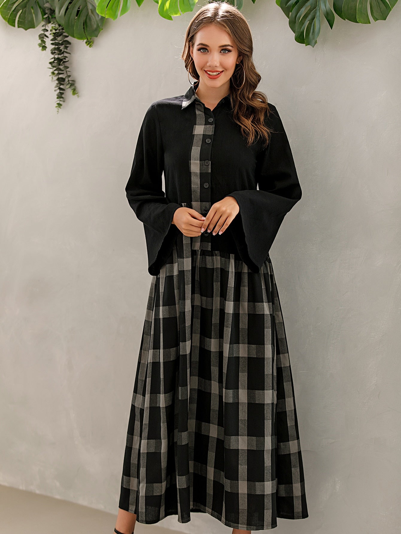 Contrast Buffalo Plaid Shirt Dress