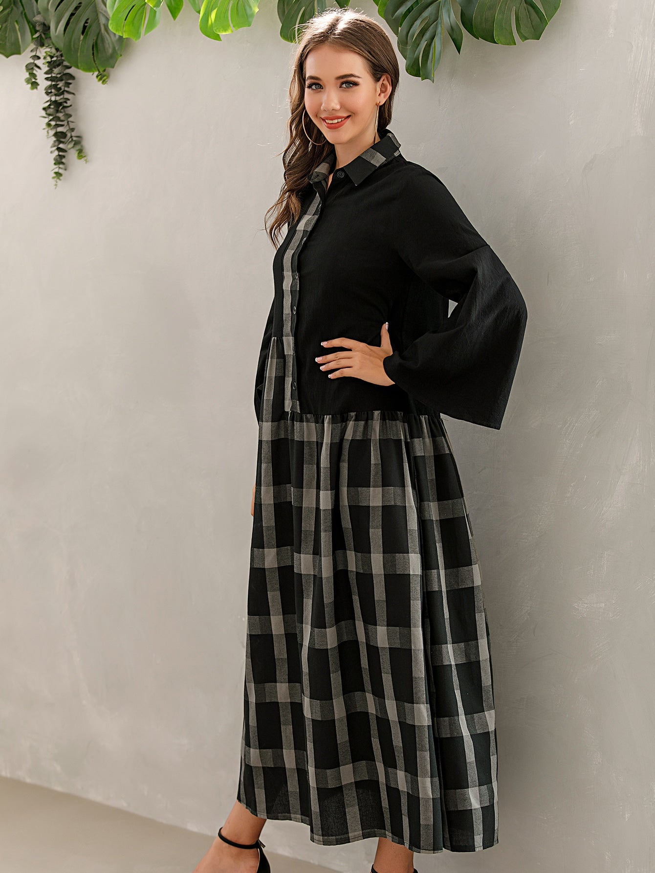 Contrast Buffalo Plaid Shirt Dress