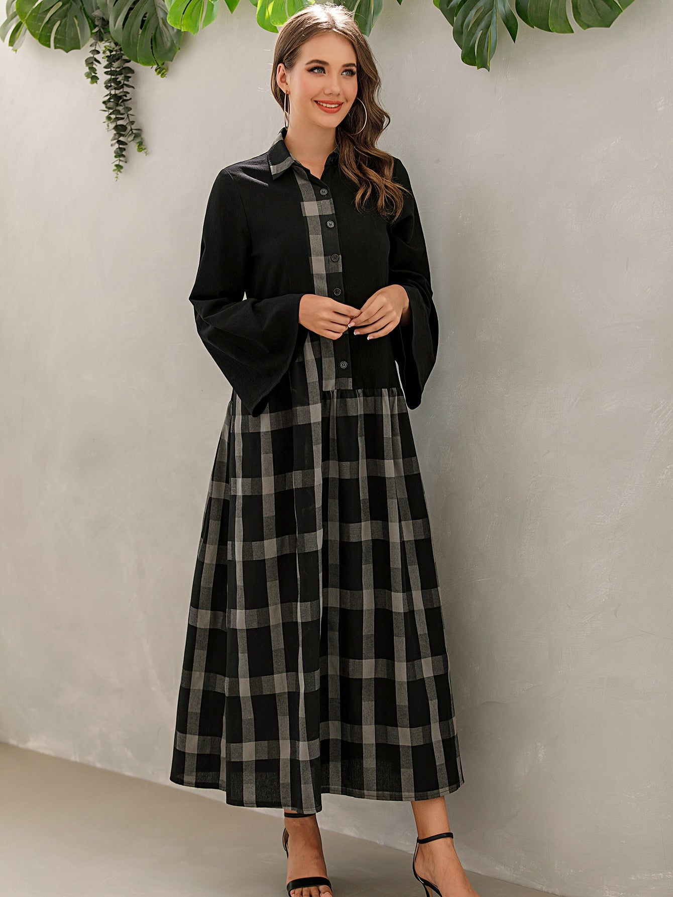 Contrast Buffalo Plaid Shirt Dress