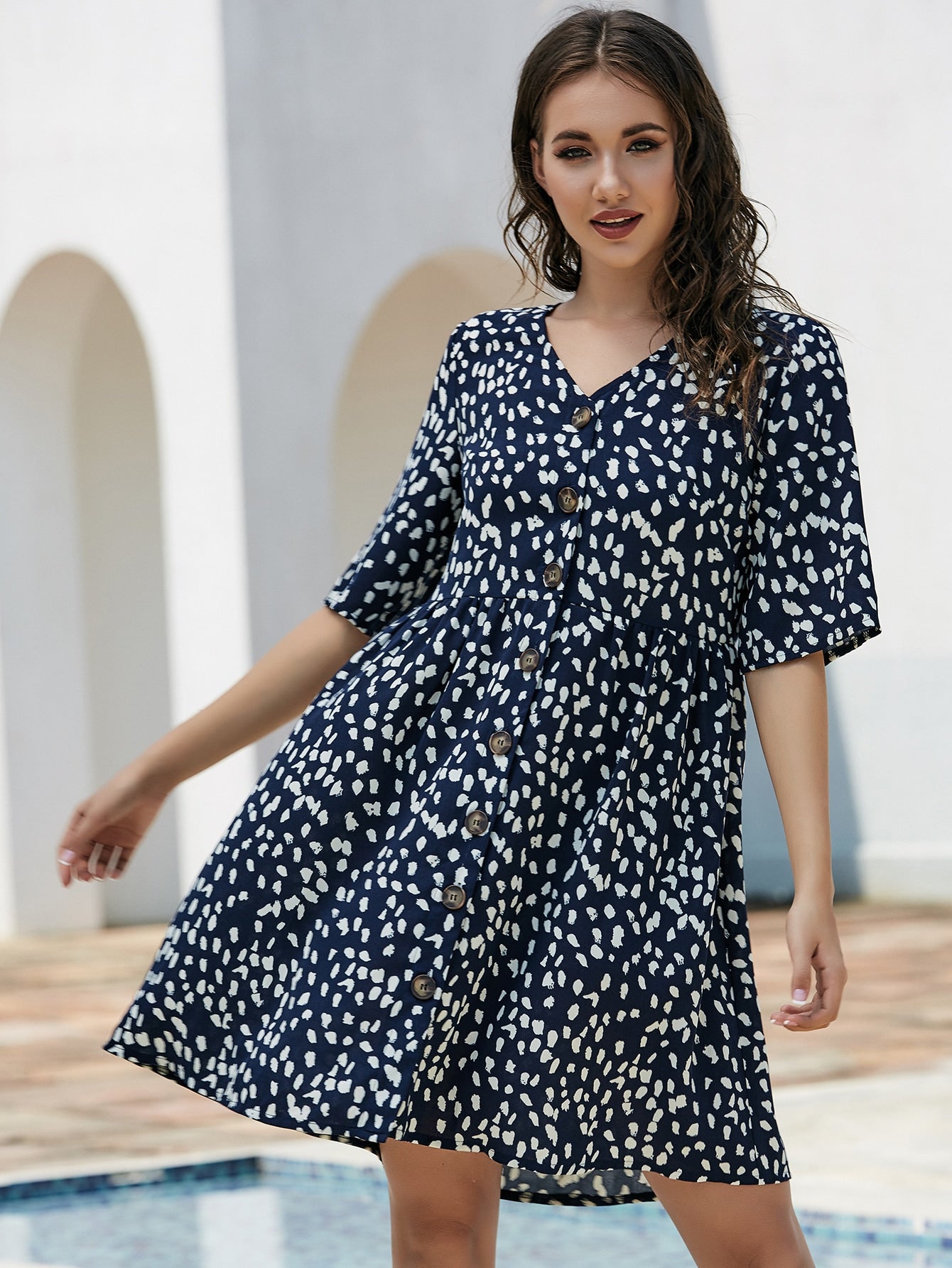 Button Front All Over Front A-line Dress