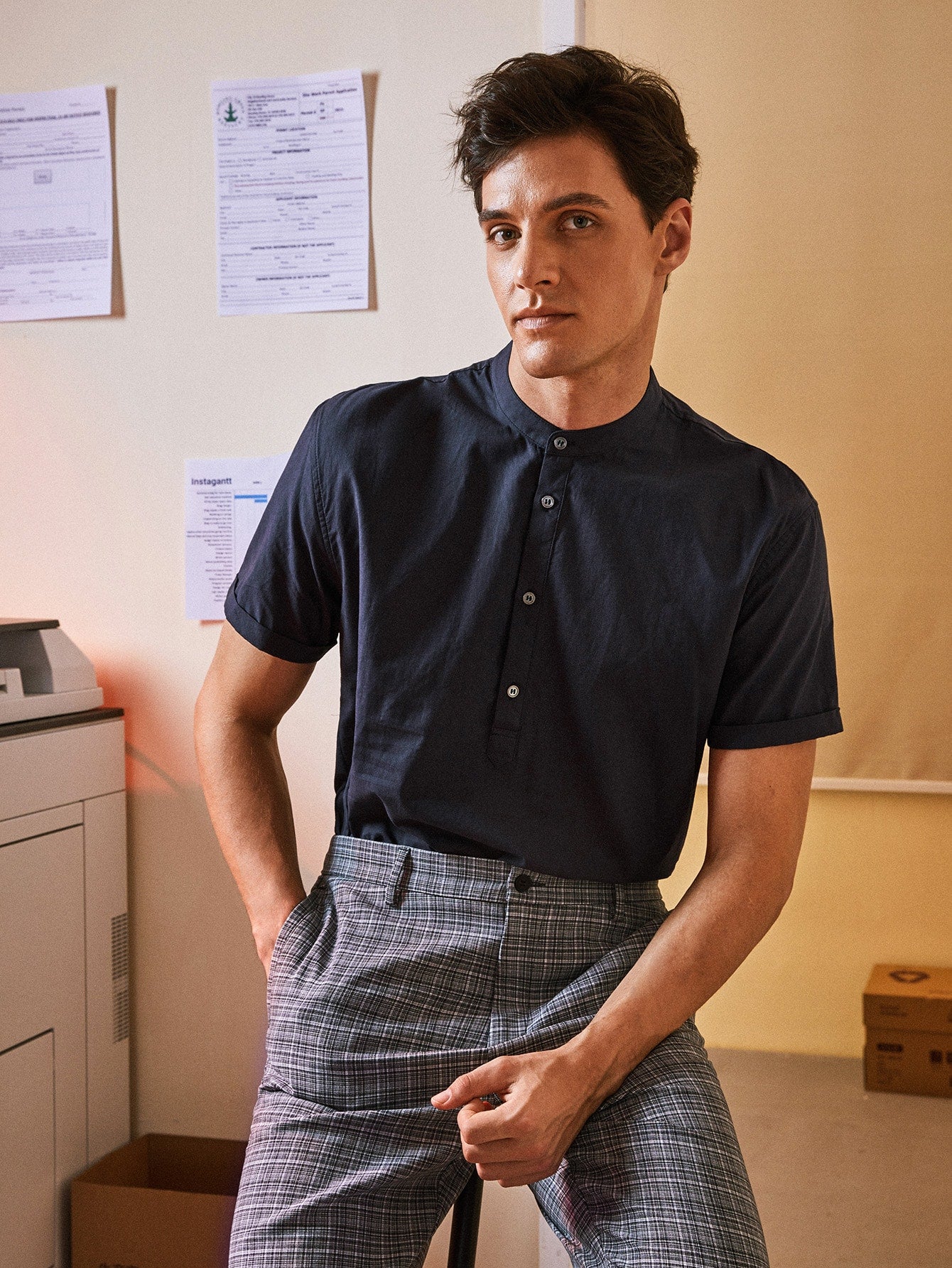 Men Stand Collar Half Placket Shirt