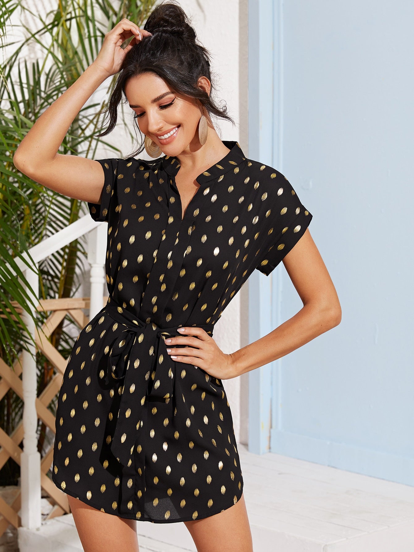 Notched Neck Belted Tunic Dress