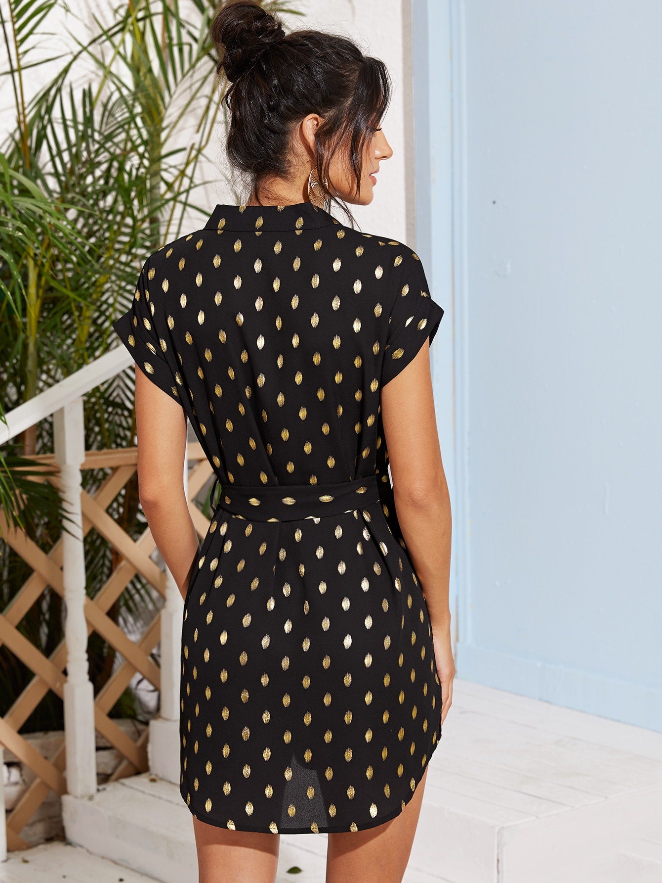 Notched Neck Belted Tunic Dress