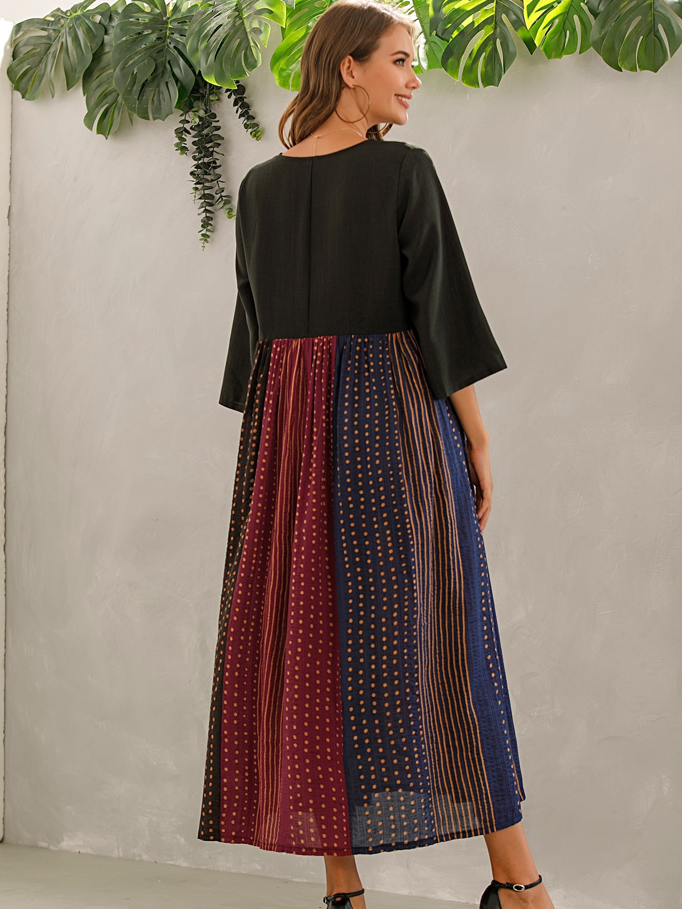 Polka Dot & Striped Print Smock Dress
