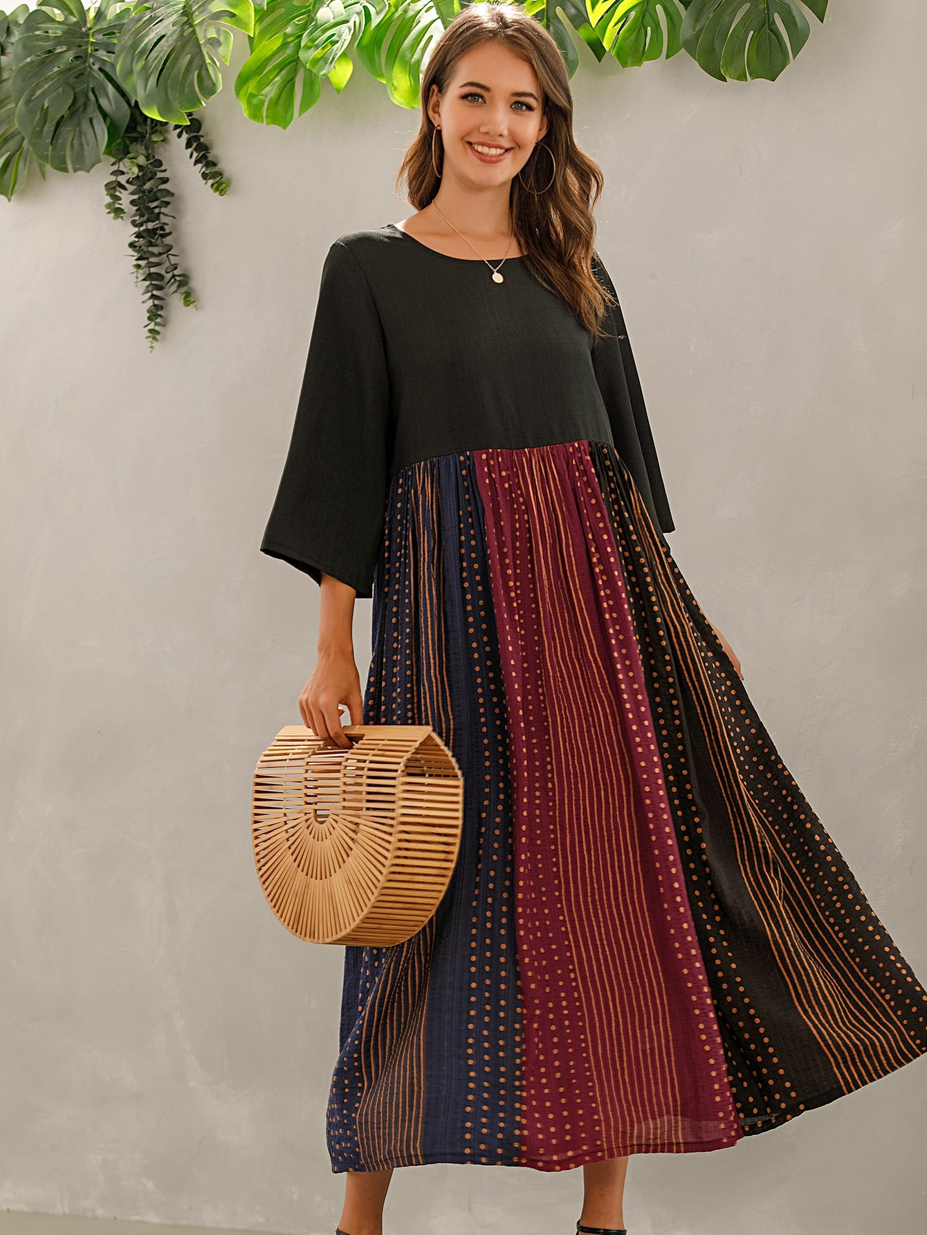 Polka Dot & Striped Print Smock Dress