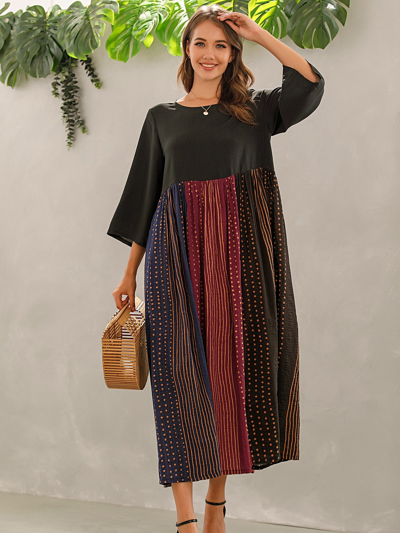 Polka Dot & Striped Print Smock Dress