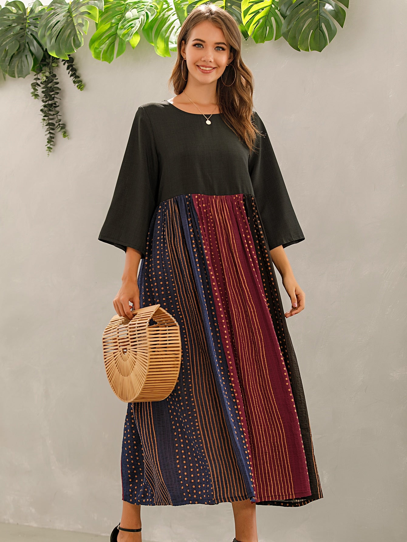 Polka Dot & Striped Print Smock Dress